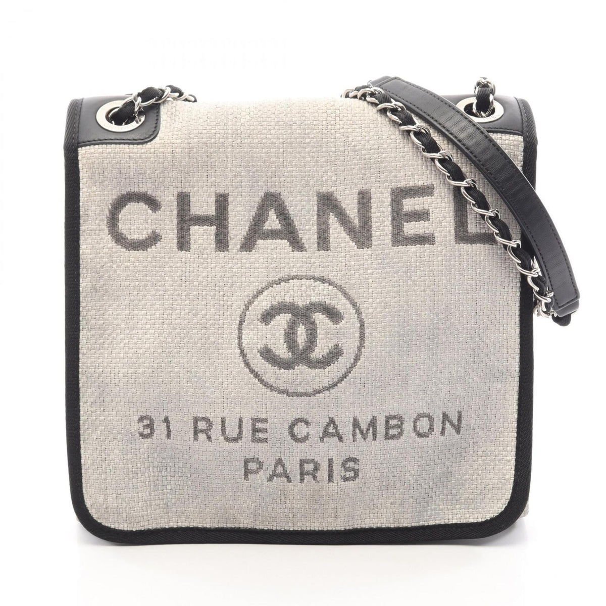 Chanel Black Gray Canvas Leather Handbag Shoulder Bag (Pre-Owned)