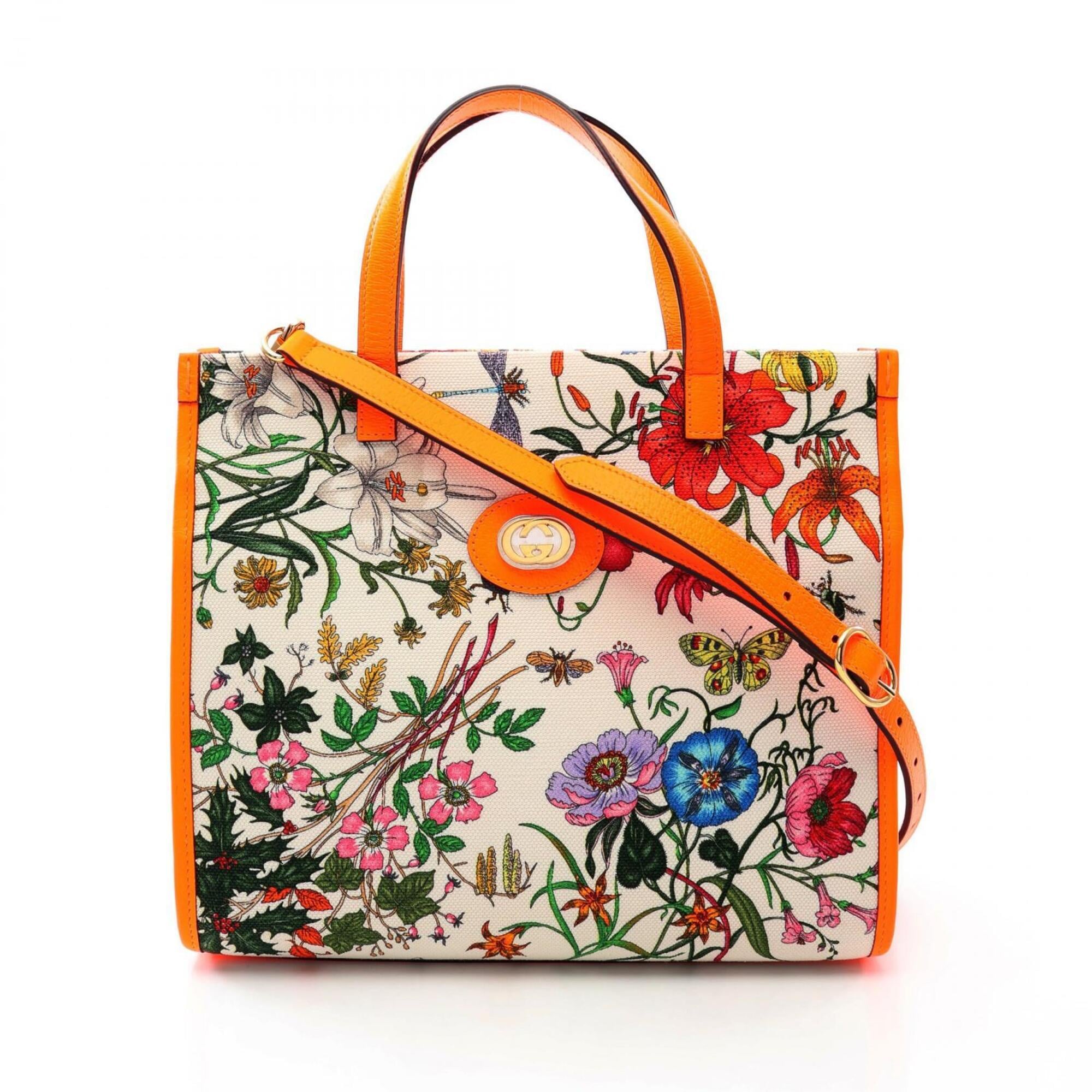 Gucci Flora Ivory Multi-Color Orange Canvas Handbag (Pre-Owned)