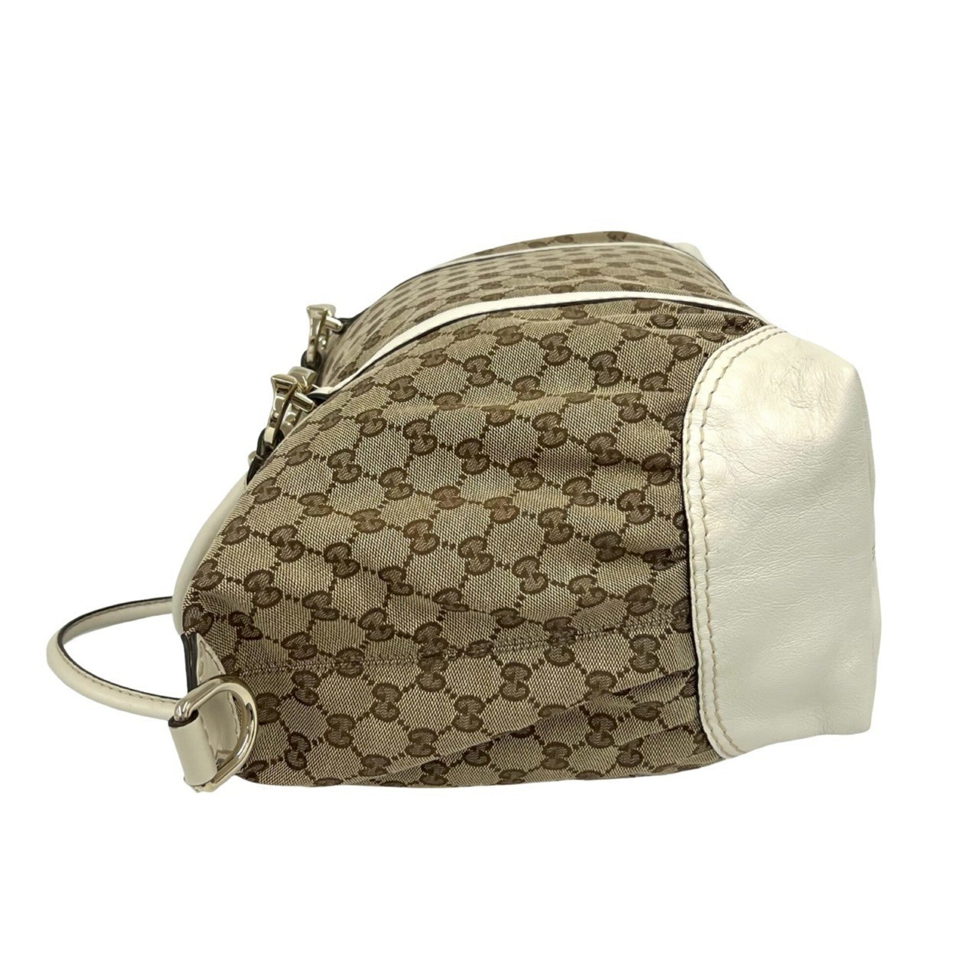 Gucci Brown White Canvas Leather Boston Bag Handbag (Pre-Owned)