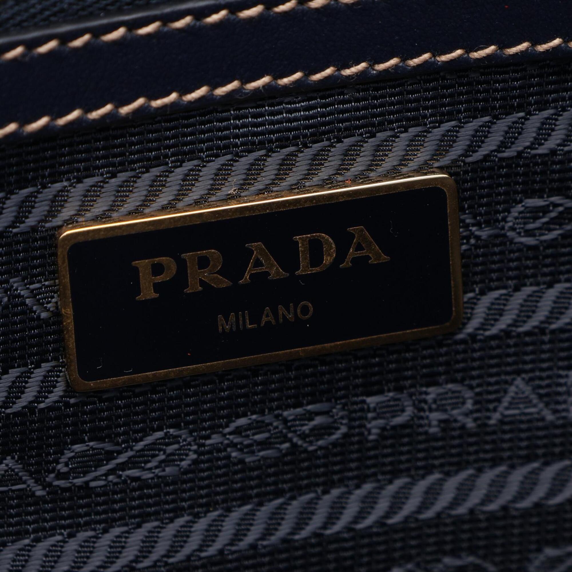 Prada Beige Navy Canvas Leather Handbag Tote Bag (Pre-Owned)