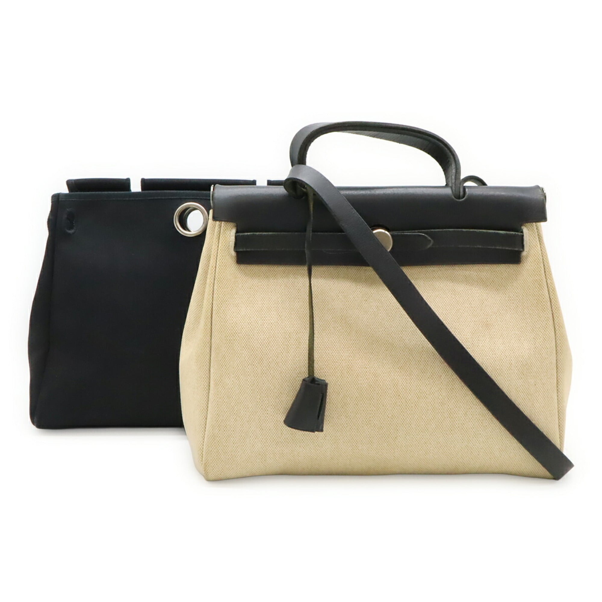 Hermes Her Bag Black Natural Toile H Toile Officier Leather Handbag Shoulder Bag (Pre-Owned)