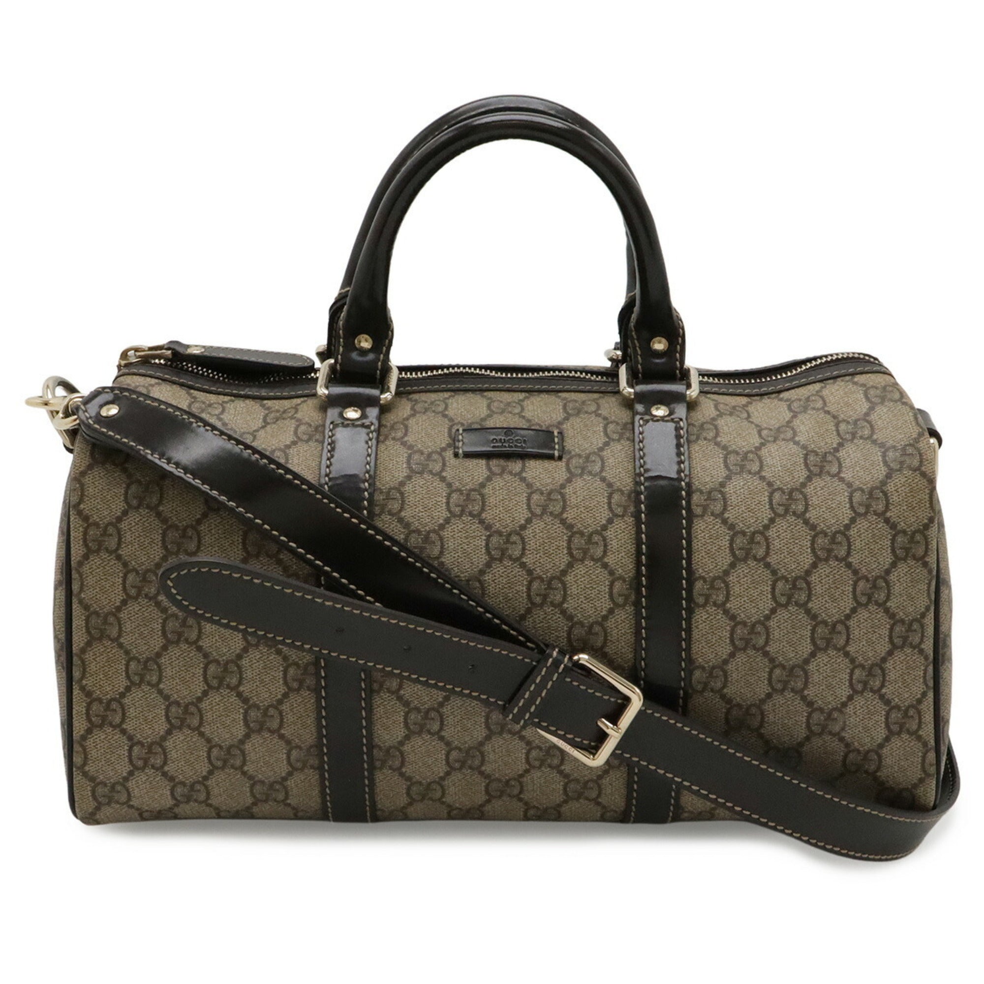 Gucci Beige Dark Brown Khaki Gg Supreme Canvas Patent Leather Boston Bag Handbag Shoulder Bag (Pre-Owned)
