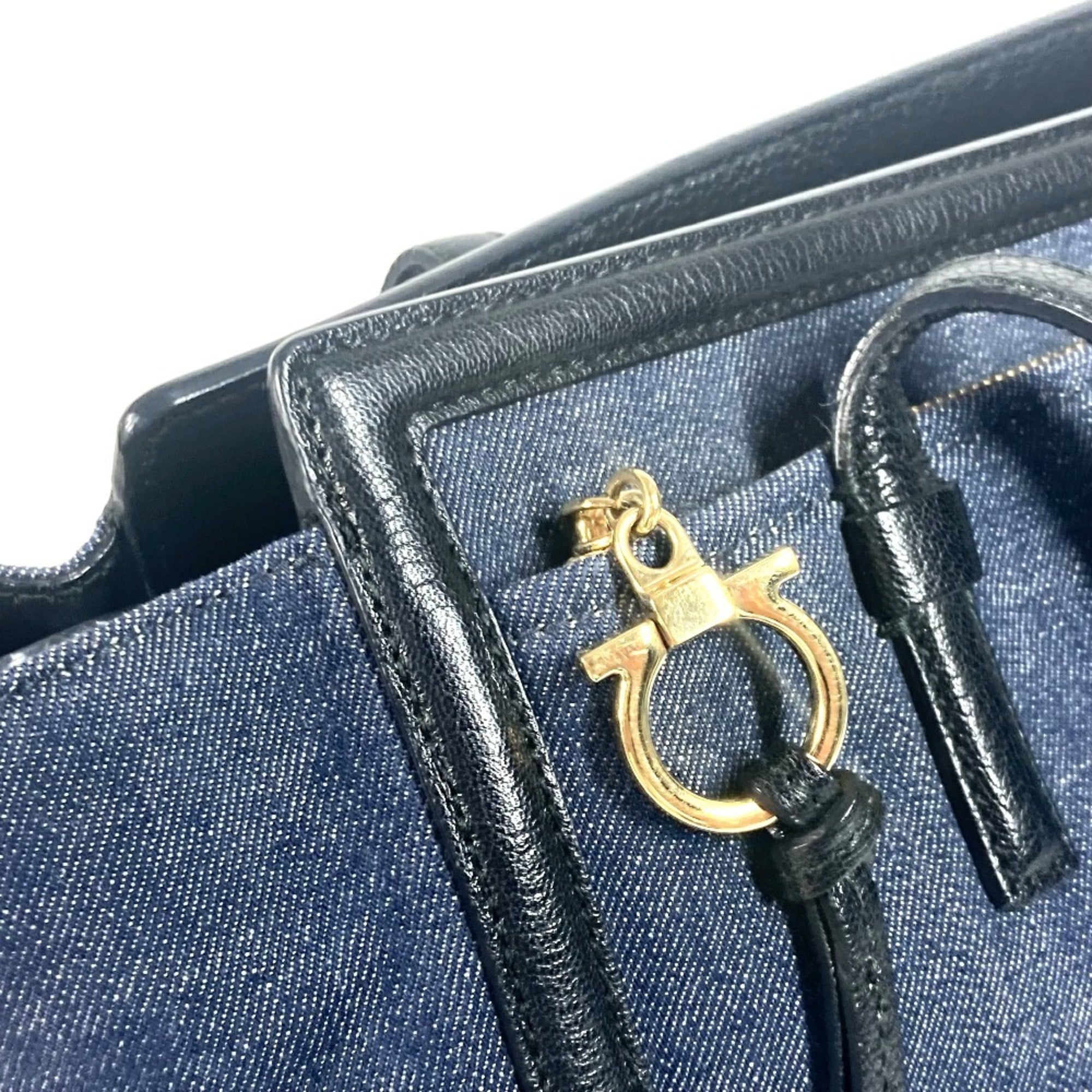 Salvatore Ferragamo Black Blue Denim Leather Handbag Shoulder Bag Tote Bag (Pre-Owned)