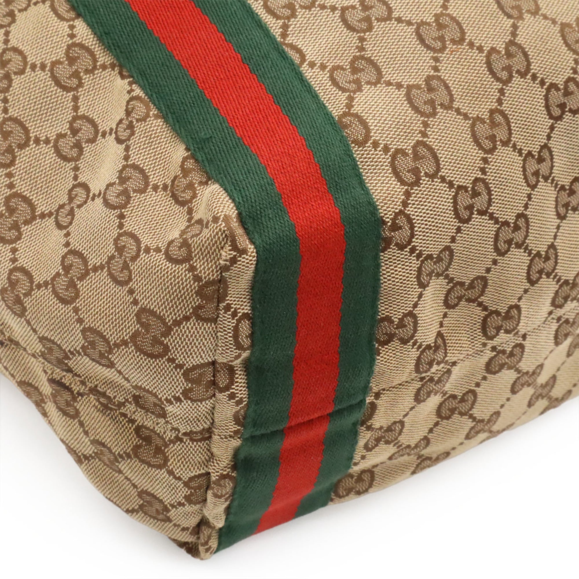 Gucci Beige Green Khaki Red Color Canvas Leather Shoulder Bag Tote Bag (Pre-Owned)