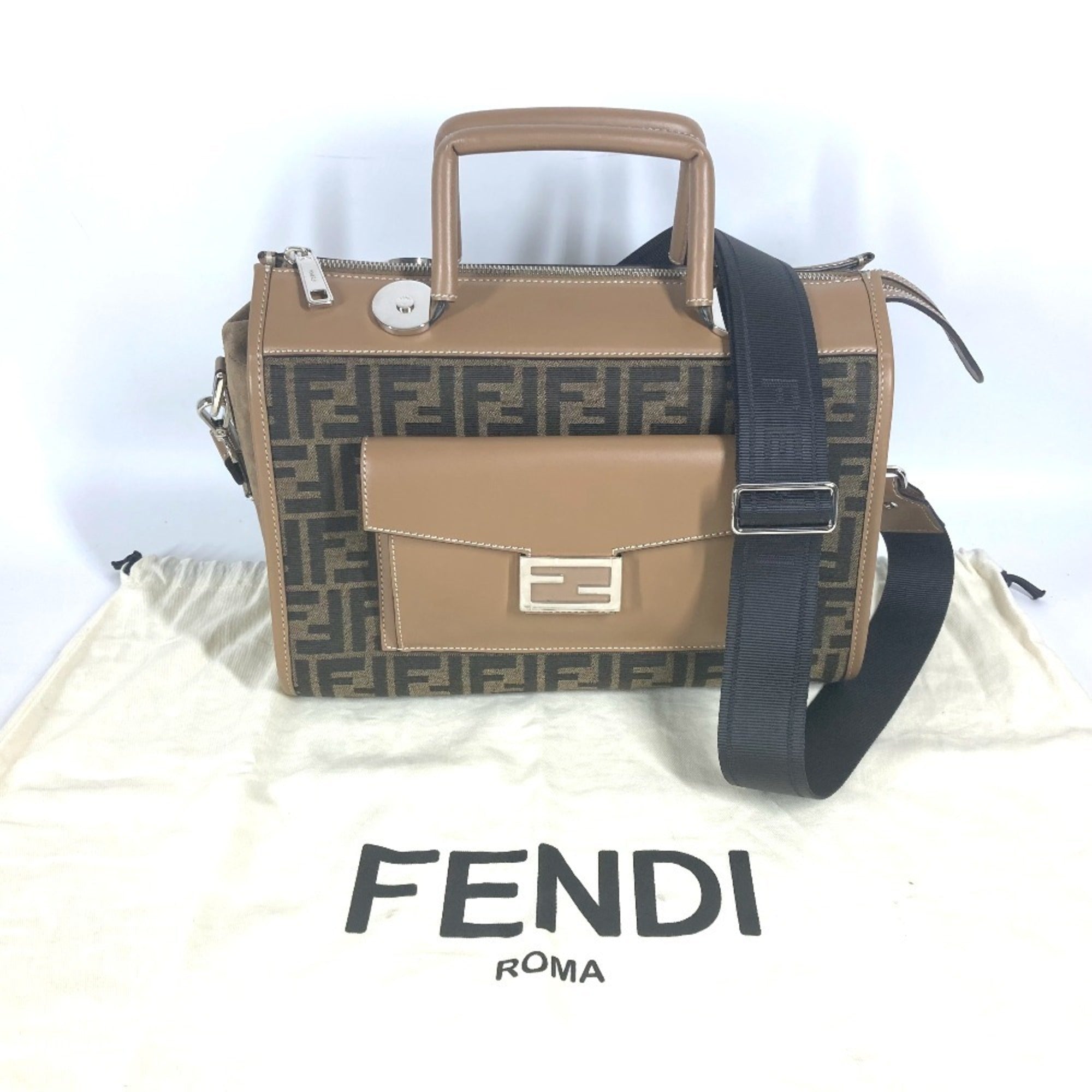 Fendi Zucca Beige Brown Canvas Leather Handbag Shoulder Bag (Pre-Owned)