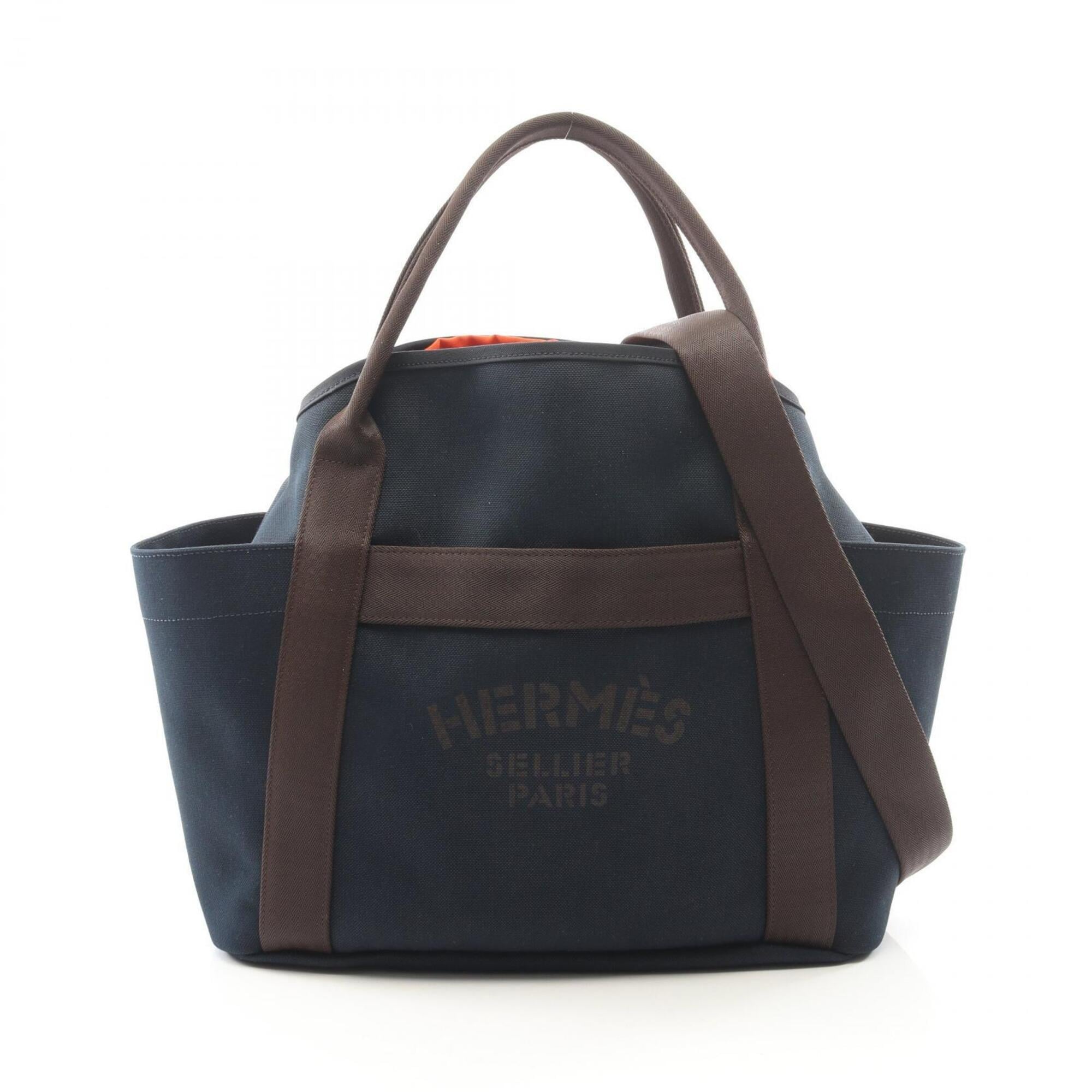 Hermes Brown Feu Navy Toile Chevron Handbag Tote Bag (Pre-Owned)