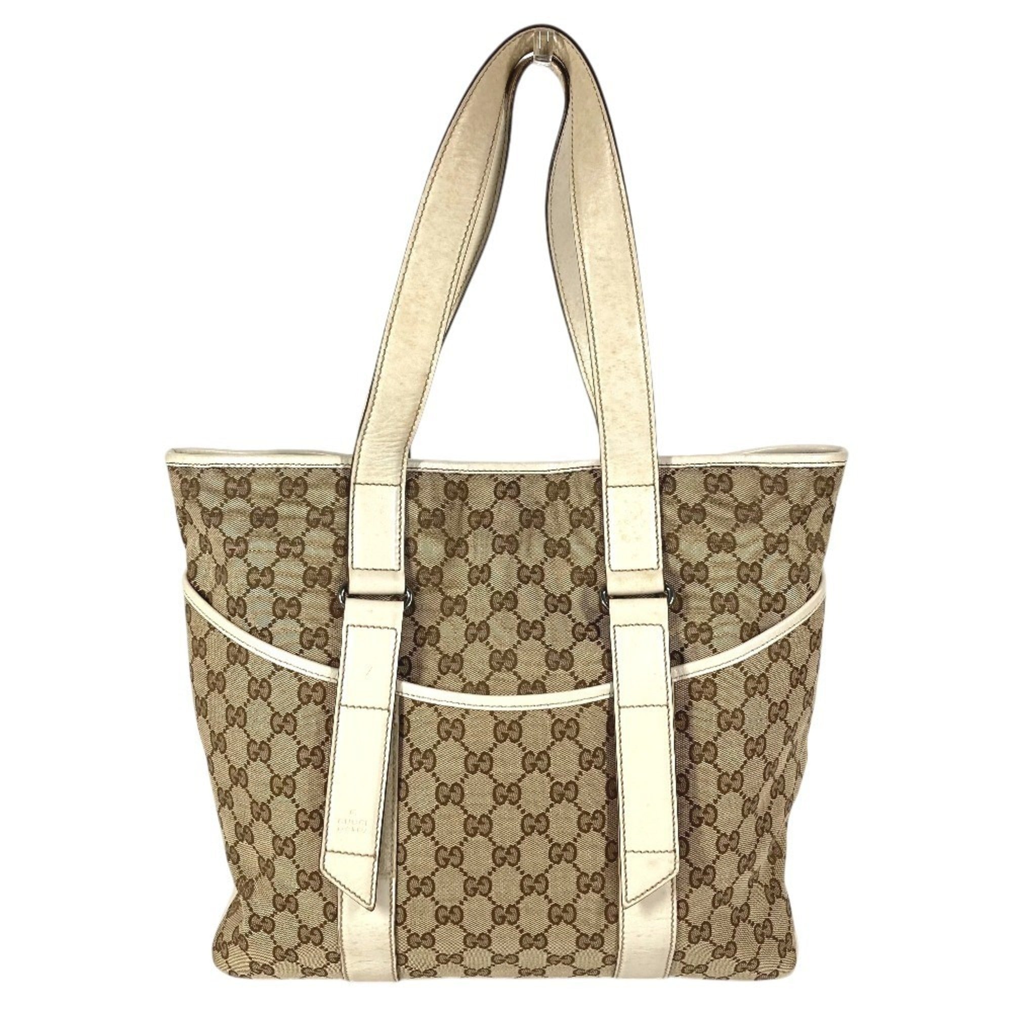 Gucci Beige White Gg Canvas Leather Shoulder Bag Tote Bag (Pre-Owned)
