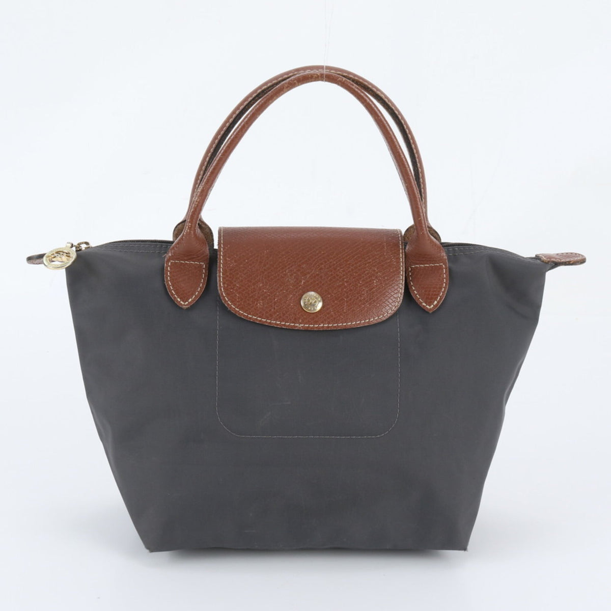 Longchamp Dark Gray Leather Nylon Handbag Shoulder Bag Tote Bag (Pre-Owned)