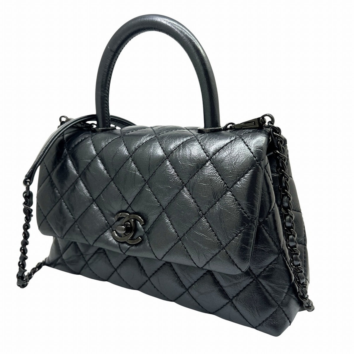 Chanel Metallic Gray Leather Handbag Shoulder Bag (Pre-Owned)