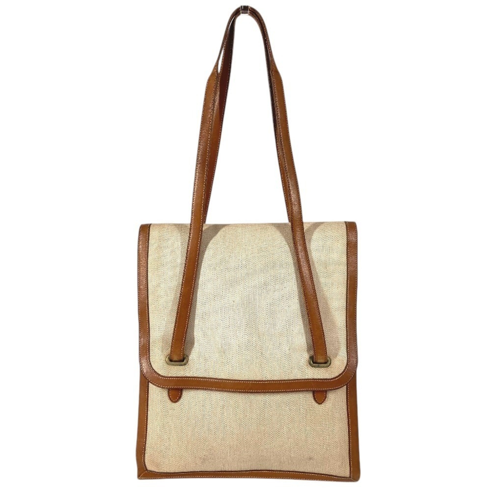 Hermes Beige Brown Leather Canvas Handbag Shoulder Bag (Pre-Owned)