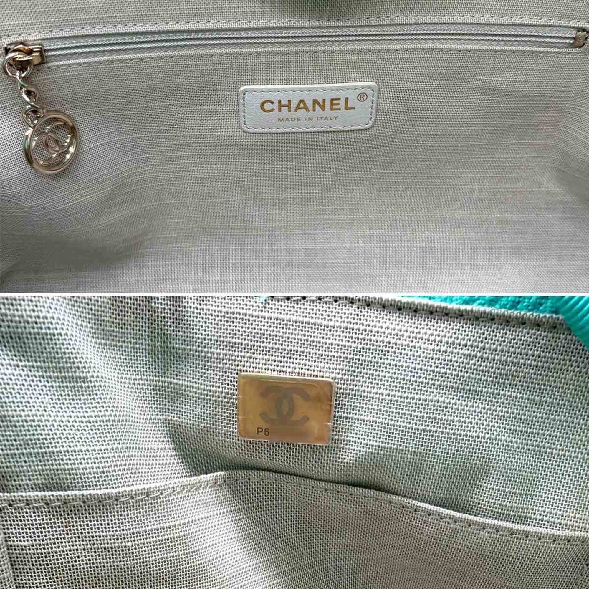 Chanel Blue Turquoise Canvas Leather Shopping Bag Shoulder Bag Tote Bag (Pre-Owned)