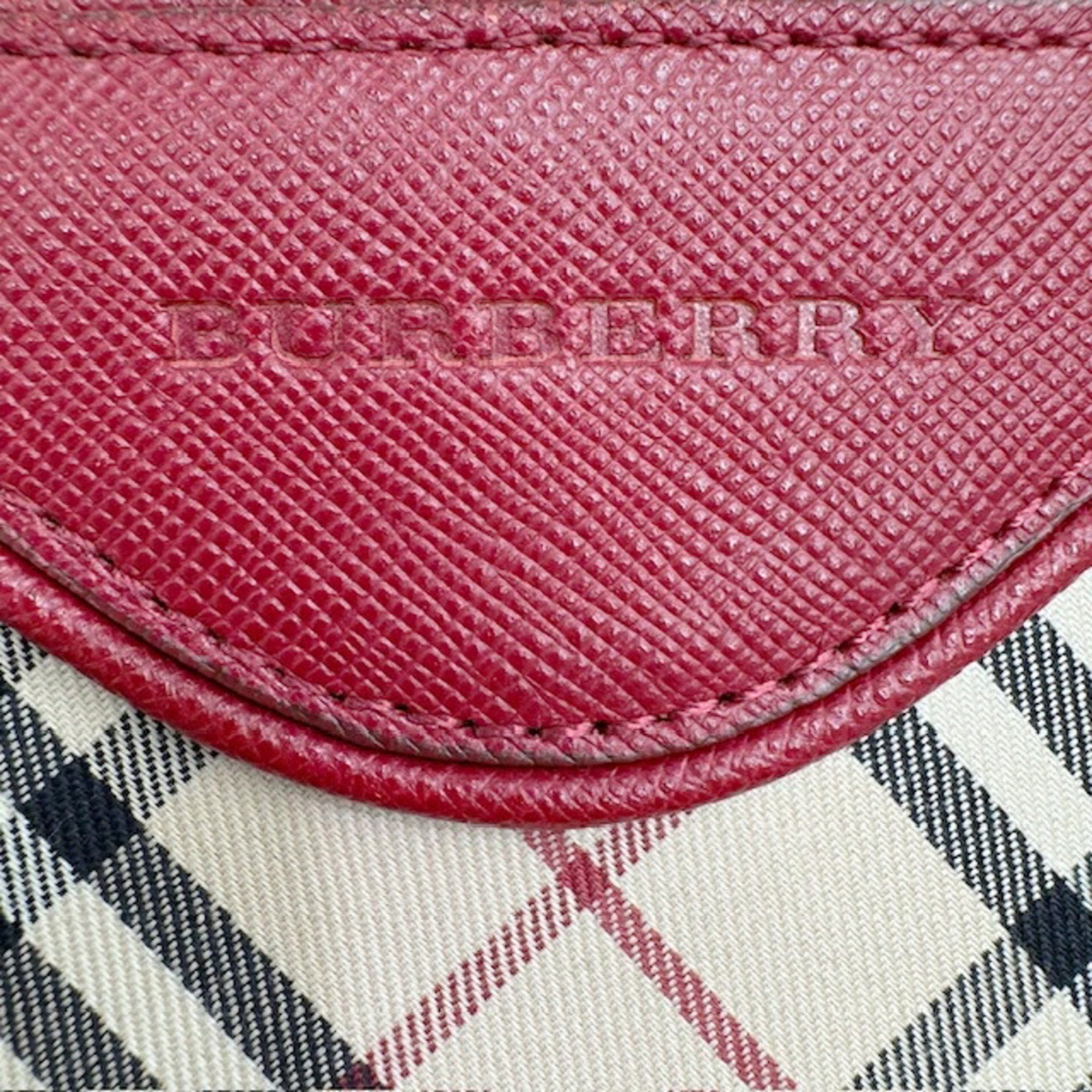 Burberry Beige Red Color Leather Canvas Handbag (Pre-Owned)