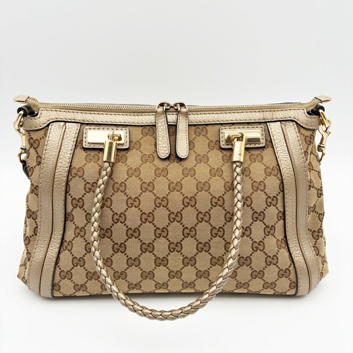 Gucci Gg Canvas Beige Gold Gg Canvas Leather Bamboo Shoulder Bag (Pre-Owned)