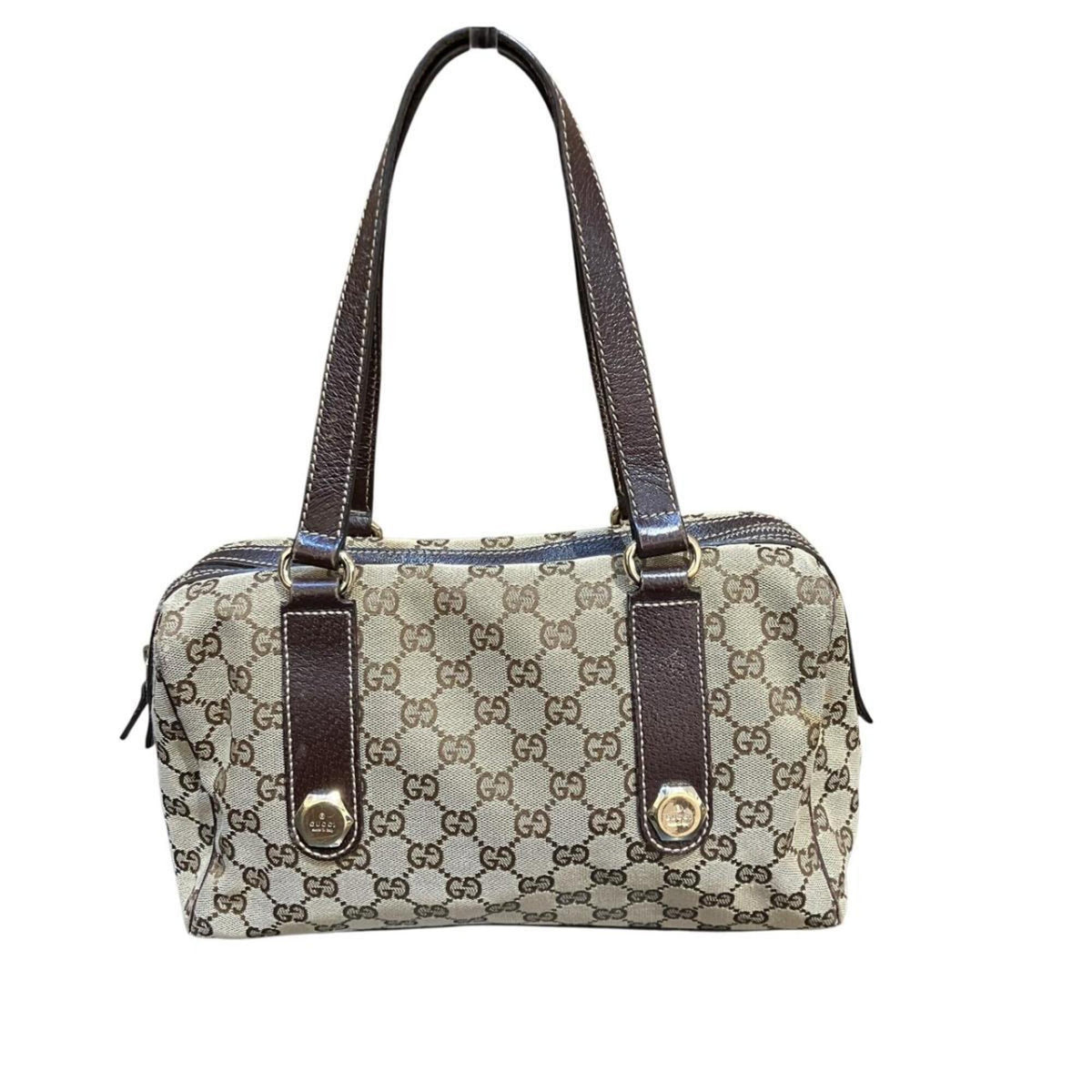 Gucci Gg Canvas Beige Brown Canvas Leather Handbag (Pre-Owned)