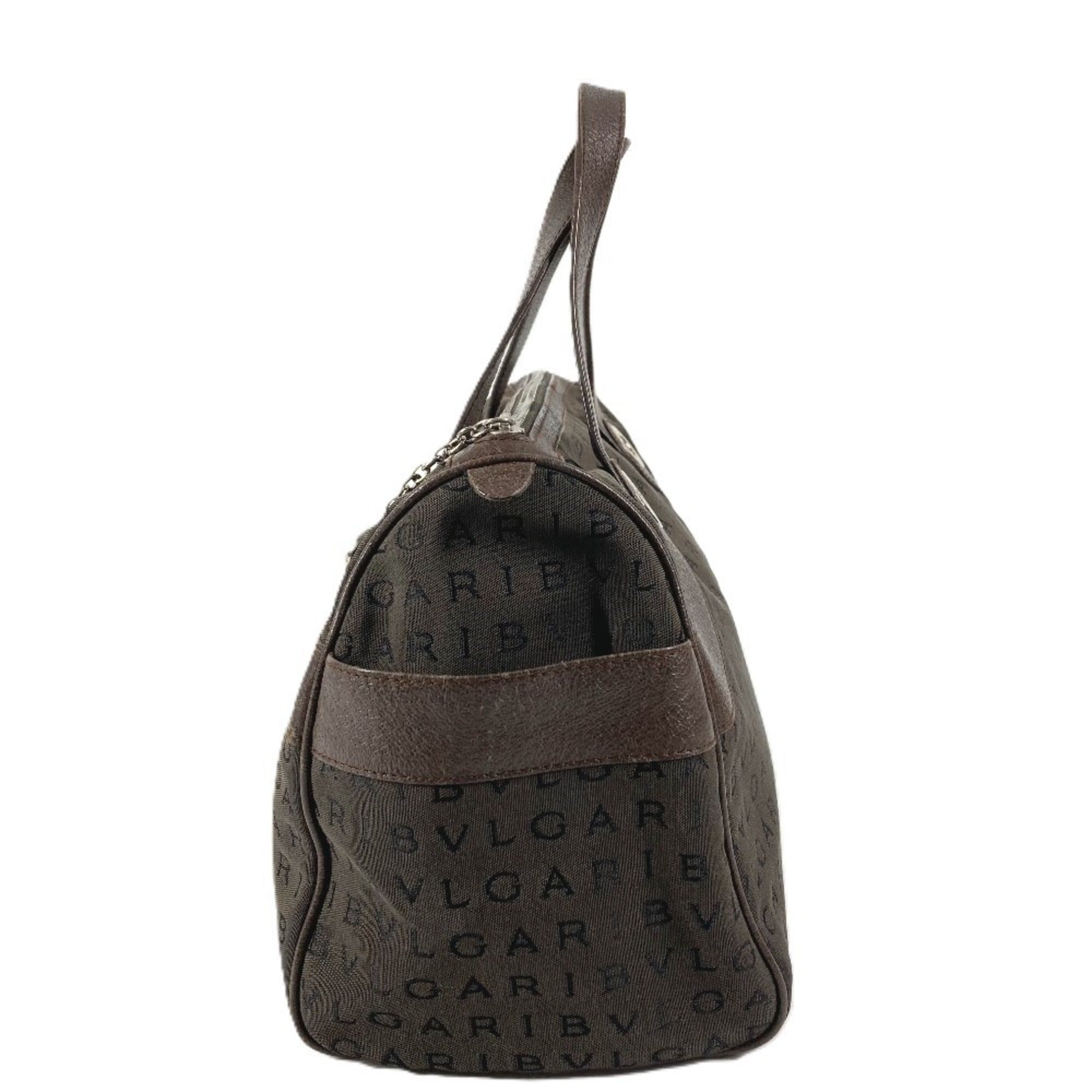Bvlgari Logomania Brown Leather Canvas Boston Bag Handbag Tote Bag (Pre-Owned)
