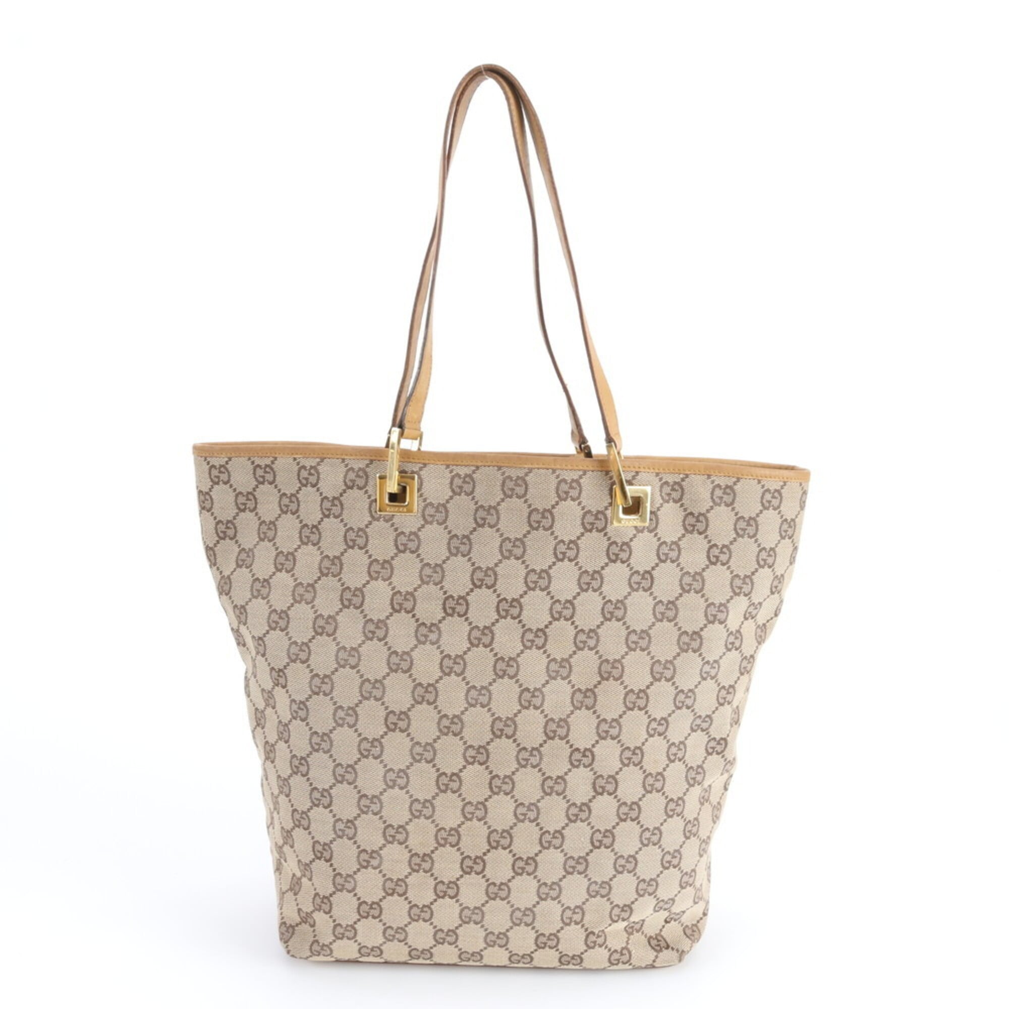 Gucci Gg Canvas Beige Brown Gg Canvas Leather Handbag Tote Bag (Pre-Owned)