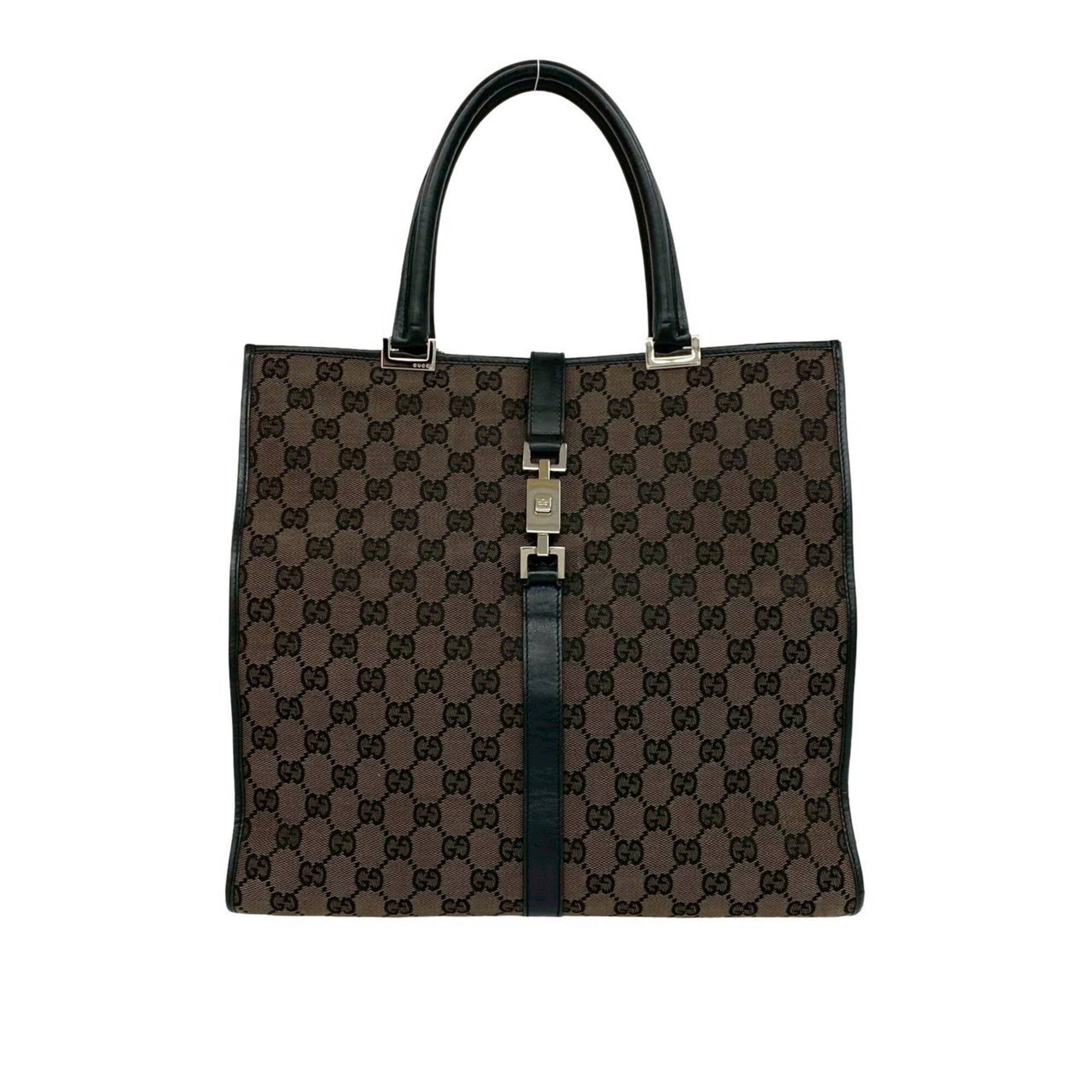 Gucci Black Brown Leather Canvas Boston Bag Handbag (Pre-Owned)