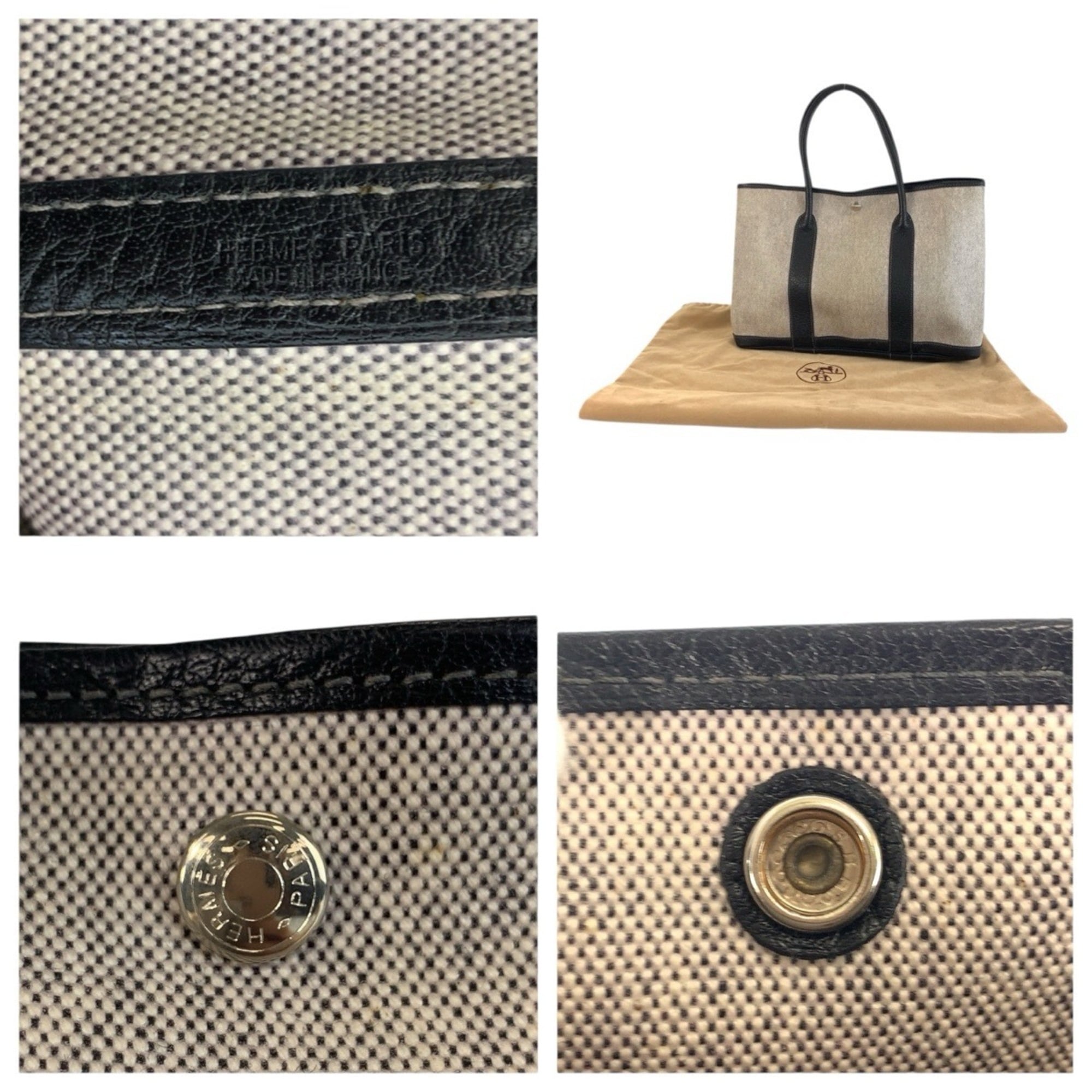 Hermes Black Gray Toile H Leather Handbag Tote Bag (Pre-Owned)