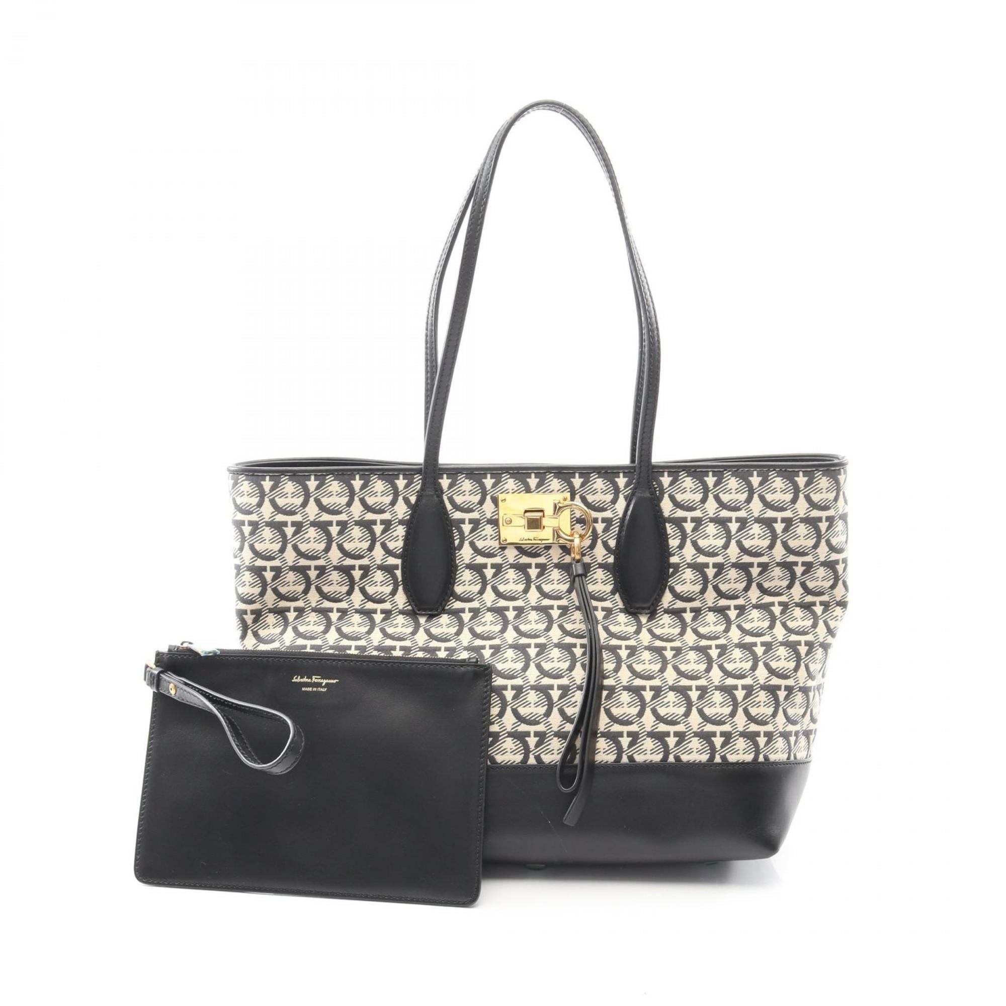 Salvatore Ferragamo Beige Black Canvas Leather Pouch Tote Bag (Pre-Owned)