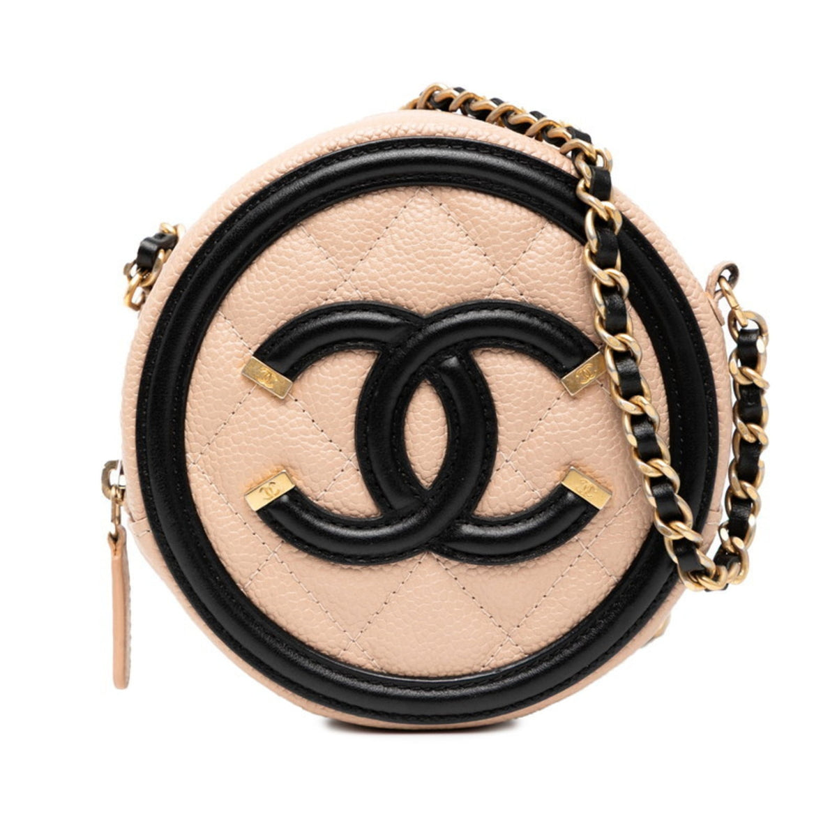Chanel Beige Black Grained Calfskin Shoulder Bag (Pre-Owned)