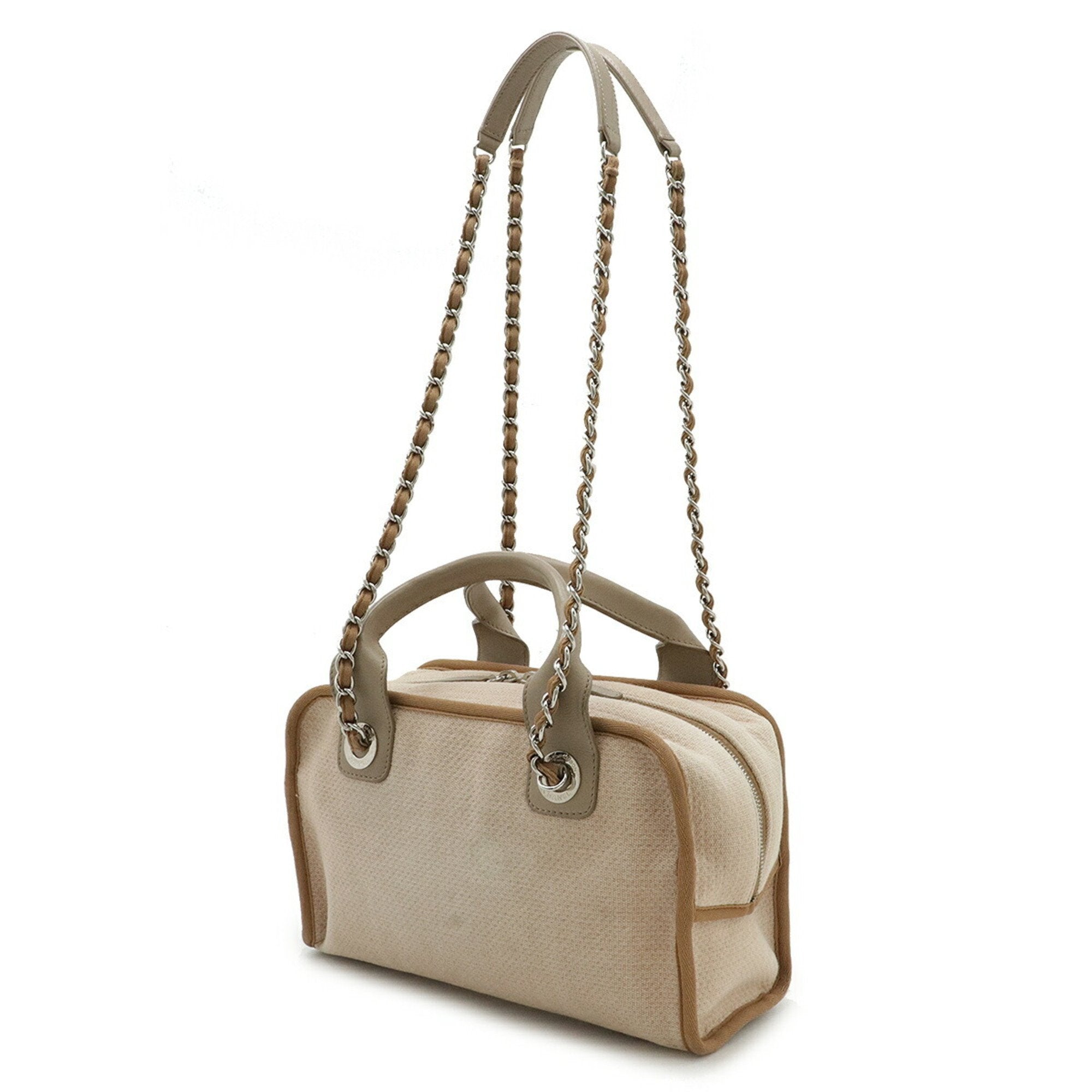 Chanel Beige Brown Grayish Canvas Leather Handbag (Pre-Owned)