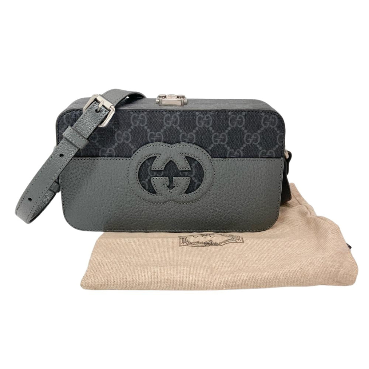 Gucci Black Gray Leather Gg Supreme Shoulder Bag (Pre-Owned)