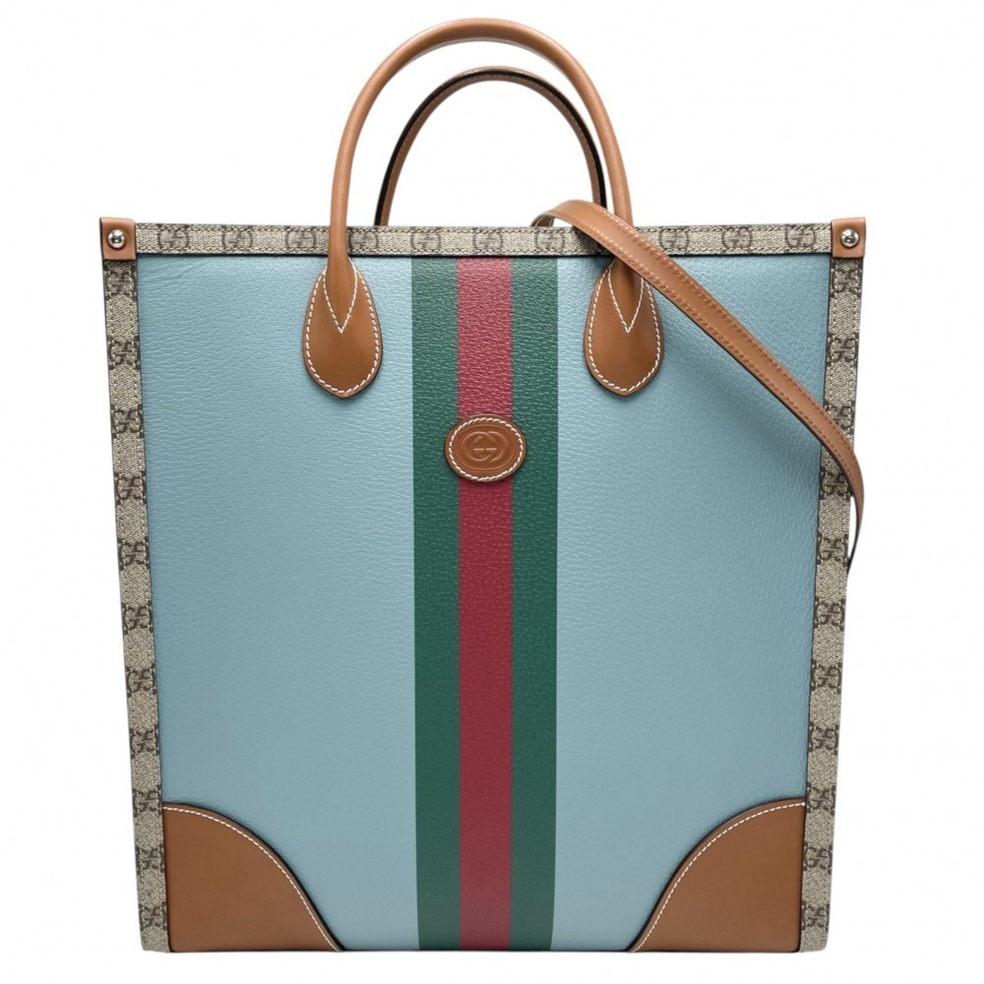 Gucci Beige Blue Pvc Coated Canvas Leather Handbag Shoulder Bag Tote Bag (Pre-Owned)