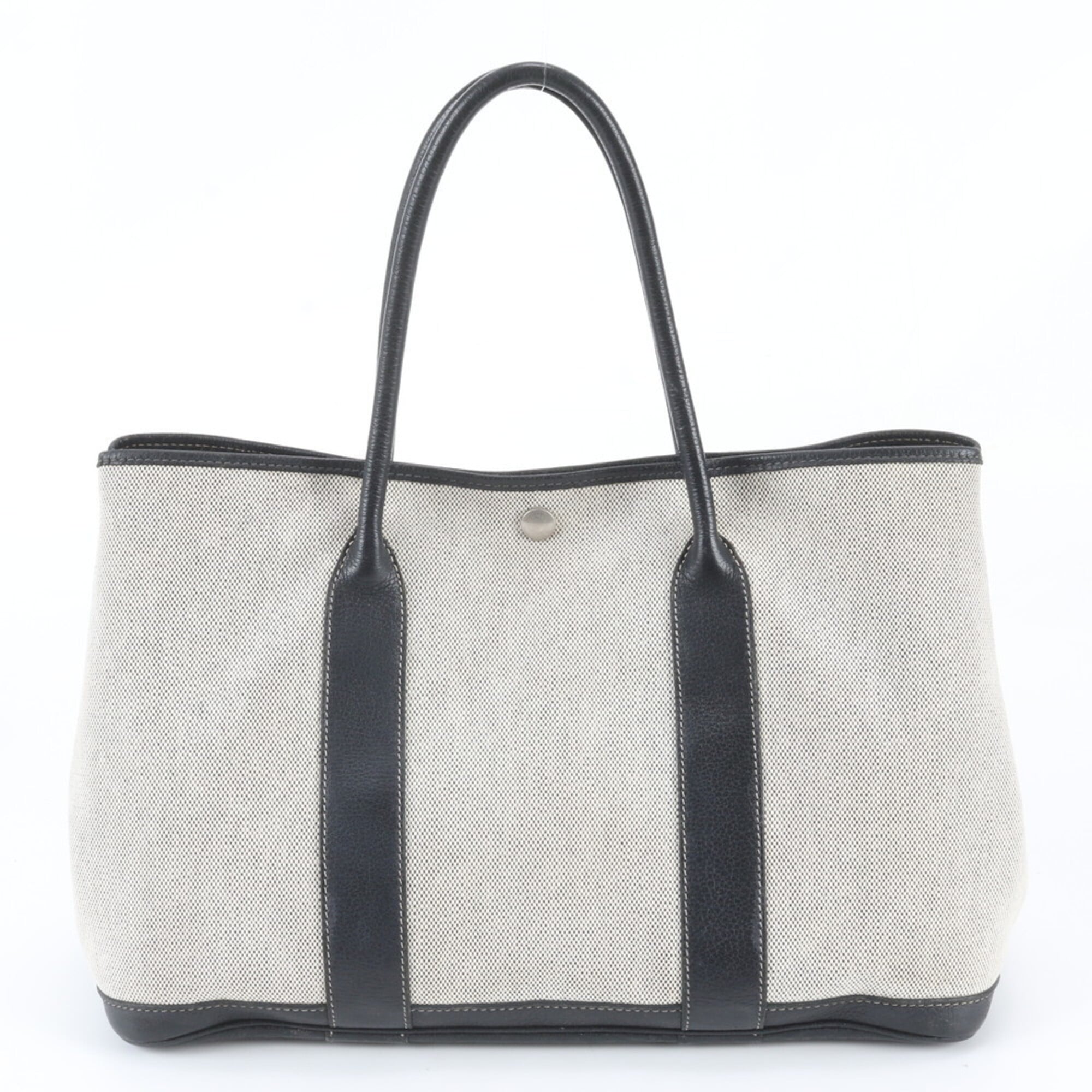 Hermes Beige Black Leather Canvas Handbag Shoulder Bag Tote Bag (Pre-Owned)
