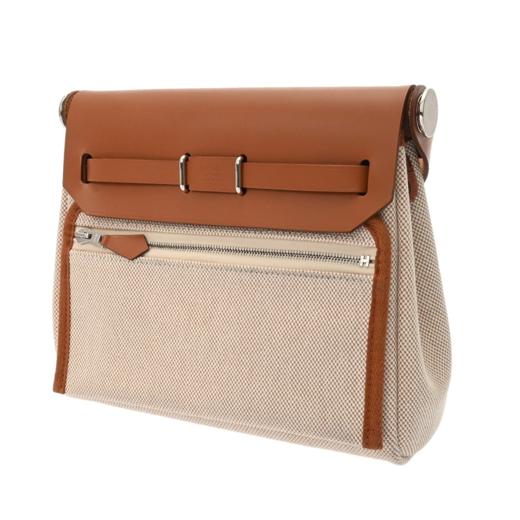 Hermes Ecru Fauve Leather Canvas Handbag (Pre-Owned)