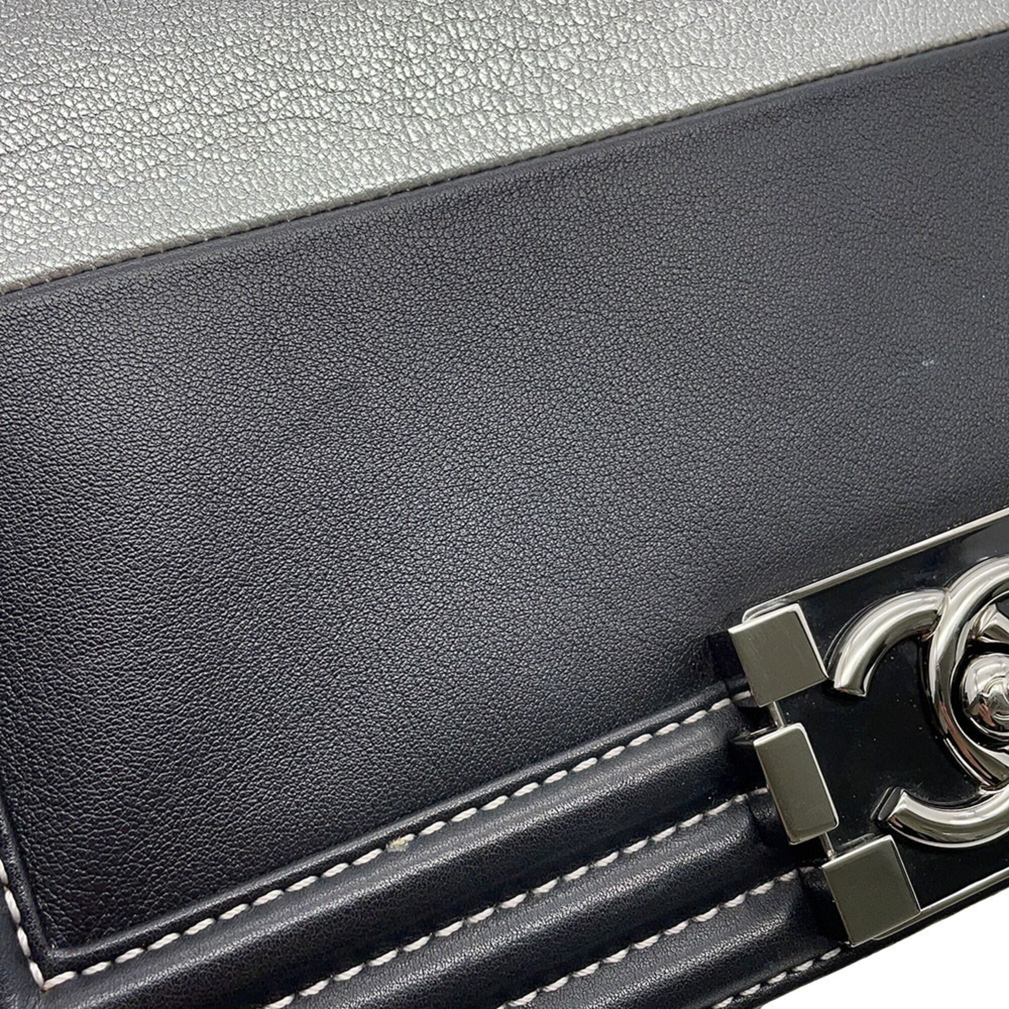 Chanel Boy Chanel Black Silver Leather Handbag Shoulder Bag (Pre-Owned)