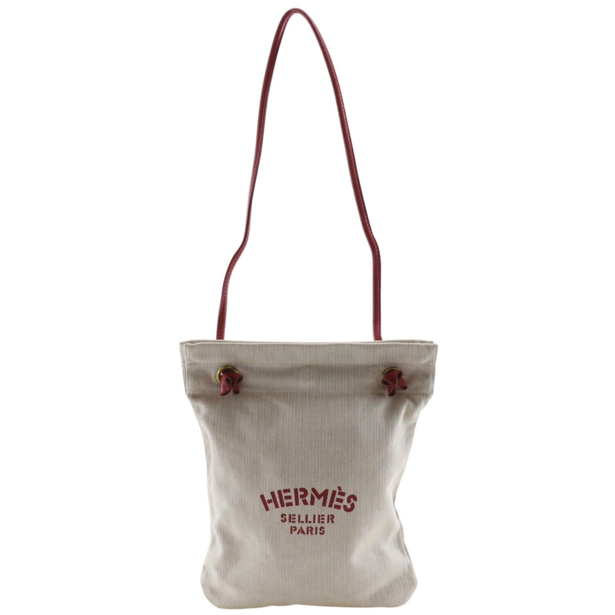 Hermes Ivory Red Color Toile Chevron Leather Shoulder Bag (Pre-Owned)