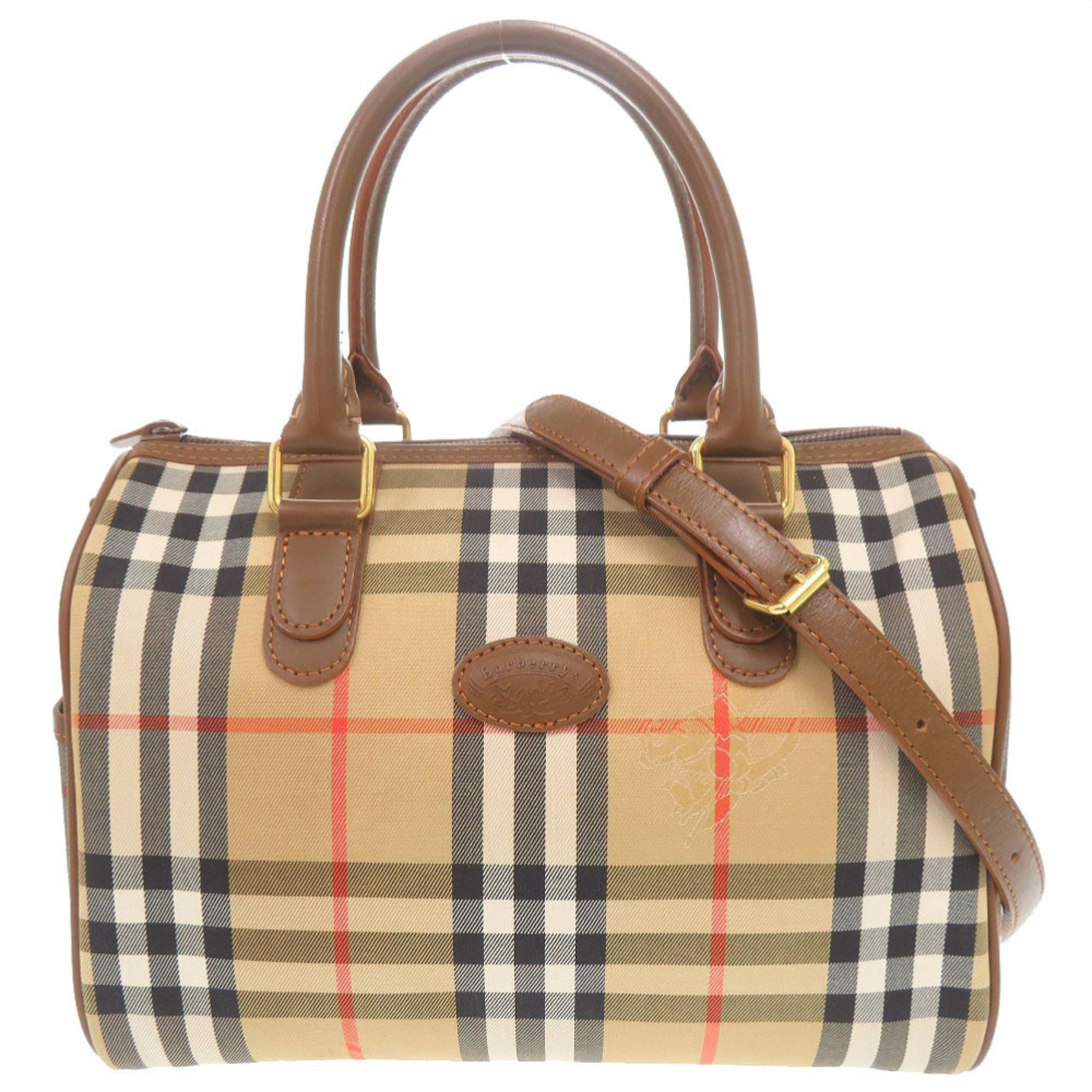 Burberry Beige Brown Canvas Leather Boston Bag Handbag Shoulder Bag (Pre-Owned)
