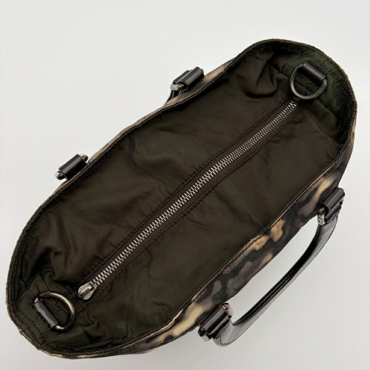 Prada Beige Black Brown Khaki Nylon Patent Leather Handbag Shoulder Bag (Pre-Owned)
