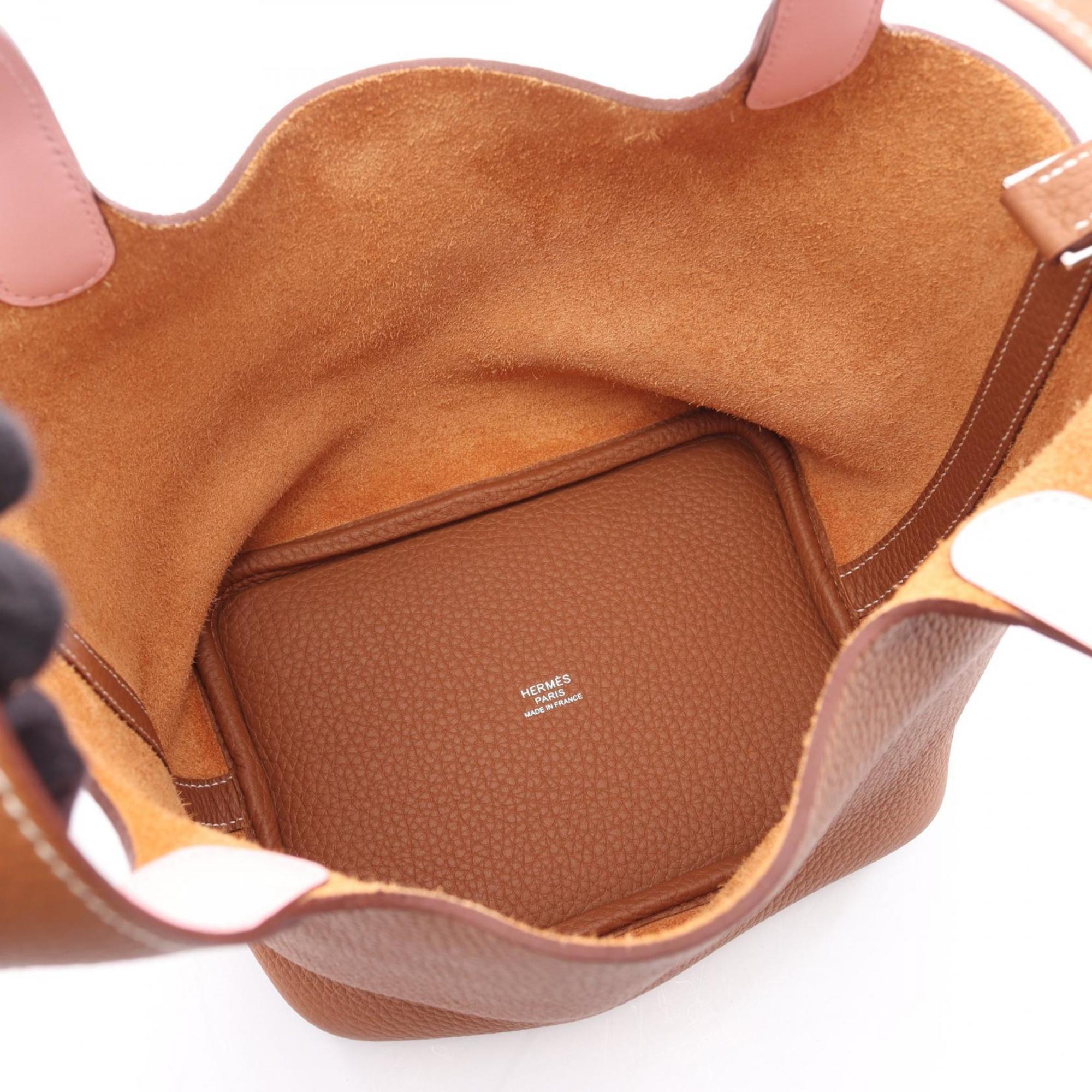 Hermes Brown Gold Brown Pink Rose Sakura Taurillon Clemence Leather Handbag (Pre-Owned)