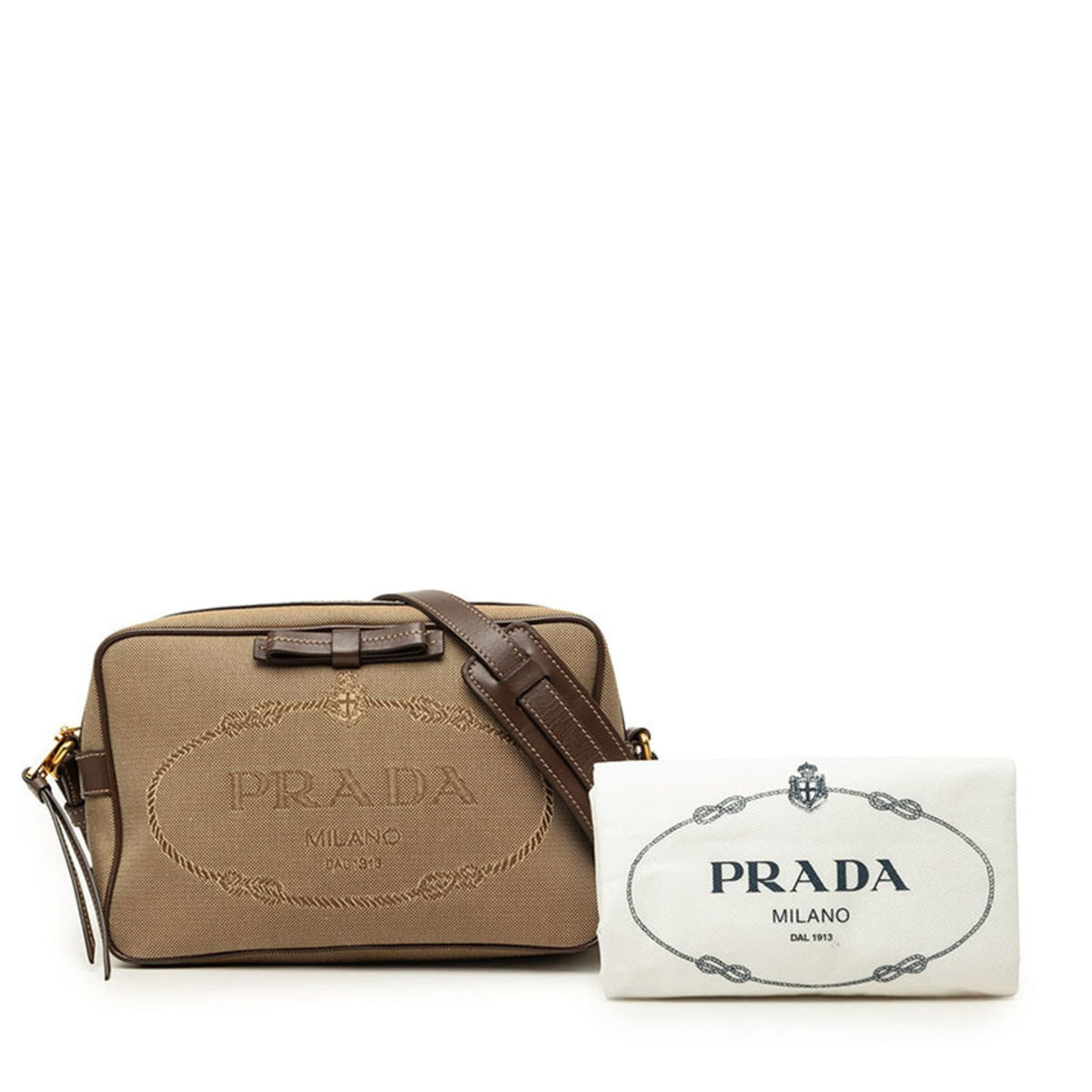 Prada Beige Brown Canvas Leather Shoulder Bag (Pre-Owned)