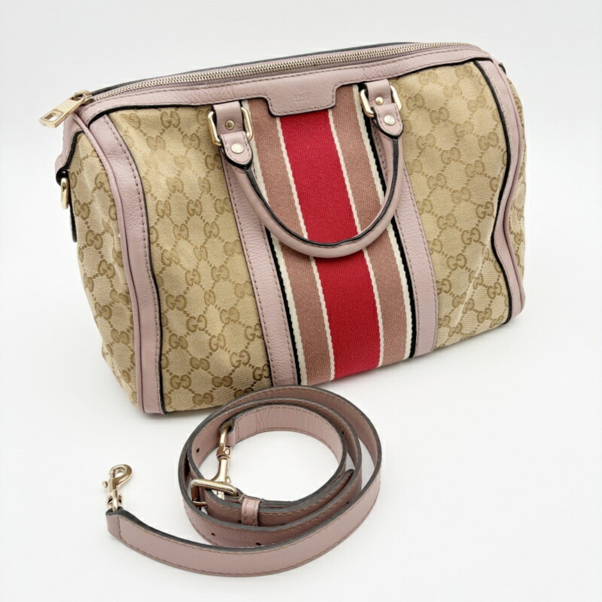 Gucci Sherry Line Beige Pink Canvas Leather Boston Bag (Pre-Owned)