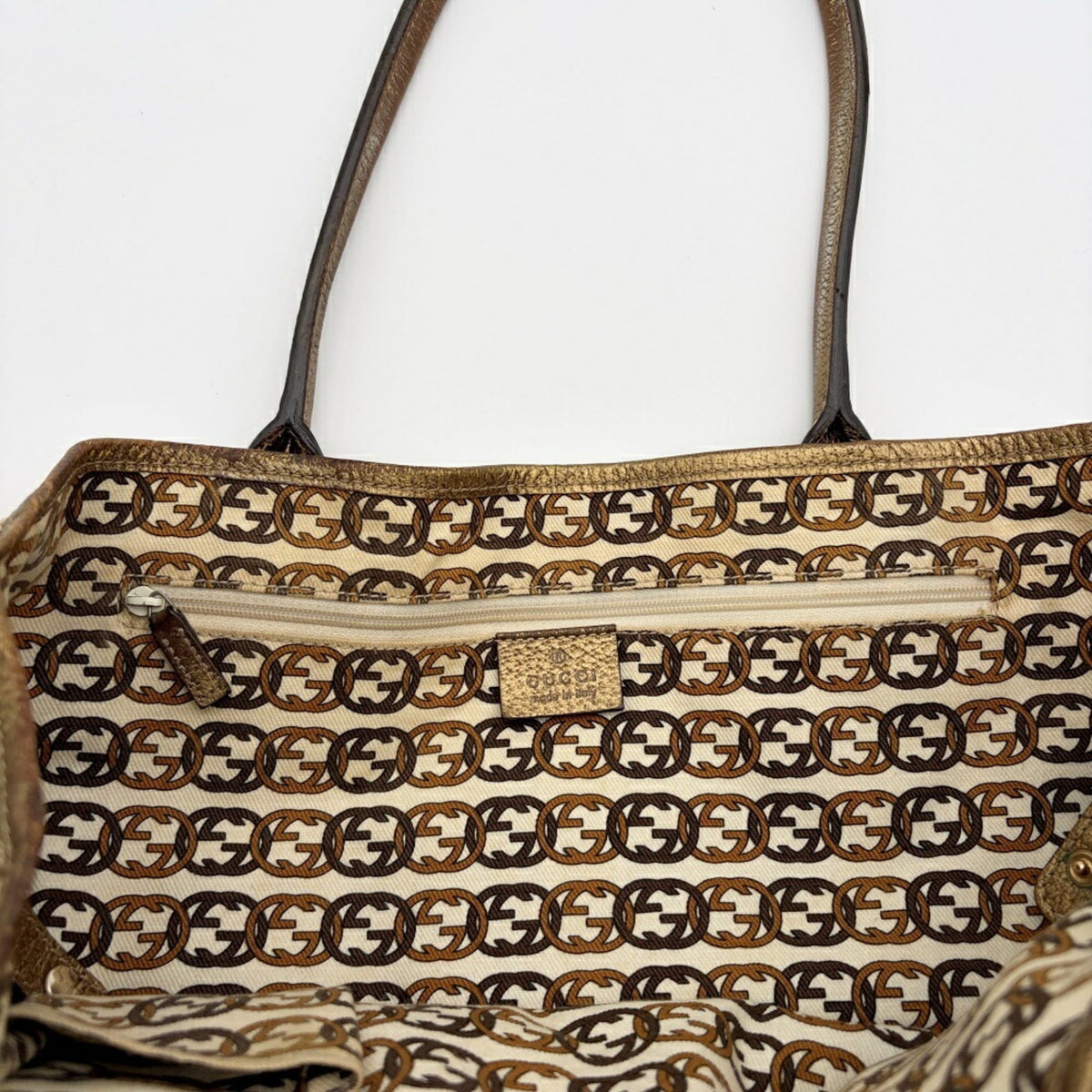 Gucci Beige Gold Gg Canvas Leather Shoulder Bag Tote Bag (Pre-Owned)