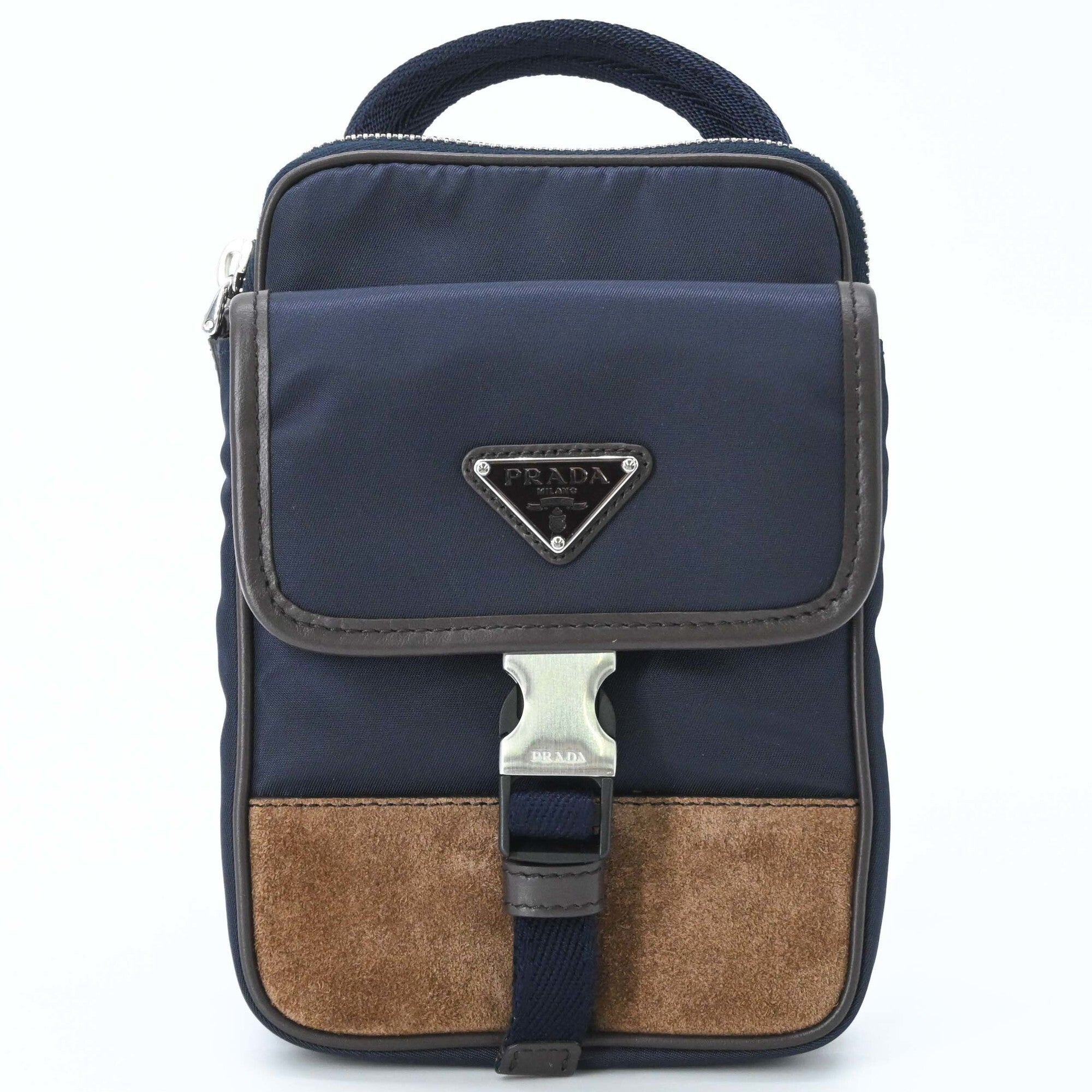 Prada Brown Navy Suede Nylon Shoulder Bag (Pre-Owned)