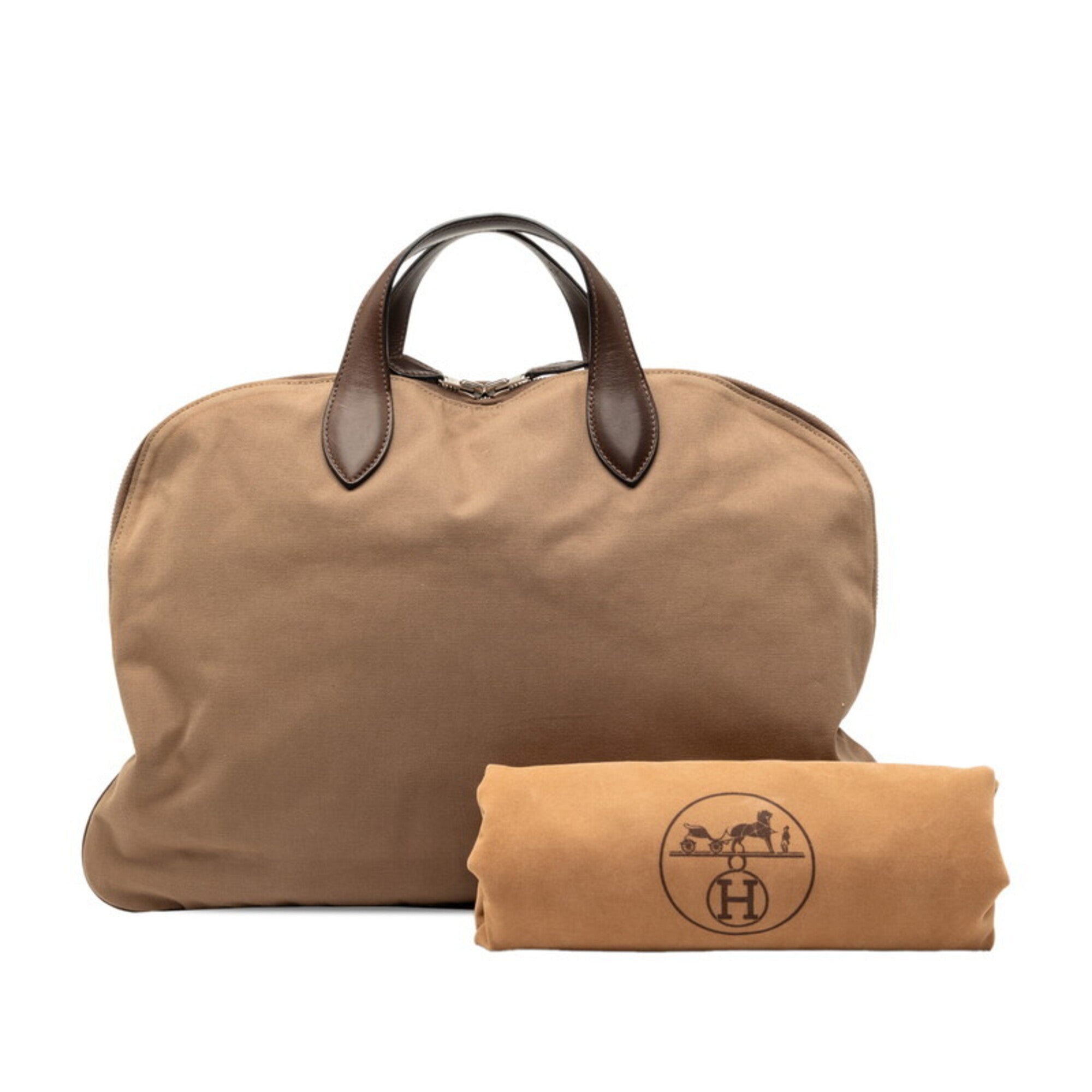 Hermes Brown Canvas Leather Handbag Tote Bag (Pre-Owned)