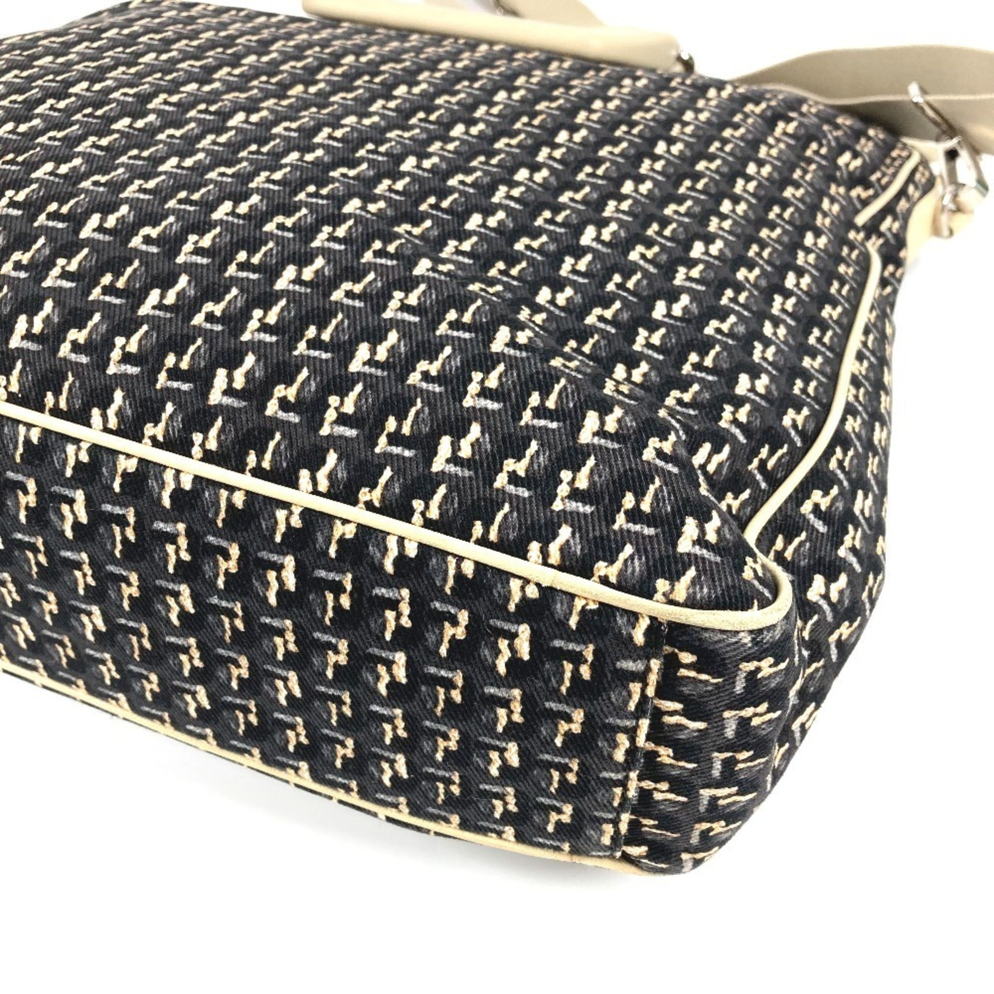 Chanel Beige Black Canvas Leather Handbag Shoulder Bag (Pre-Owned)