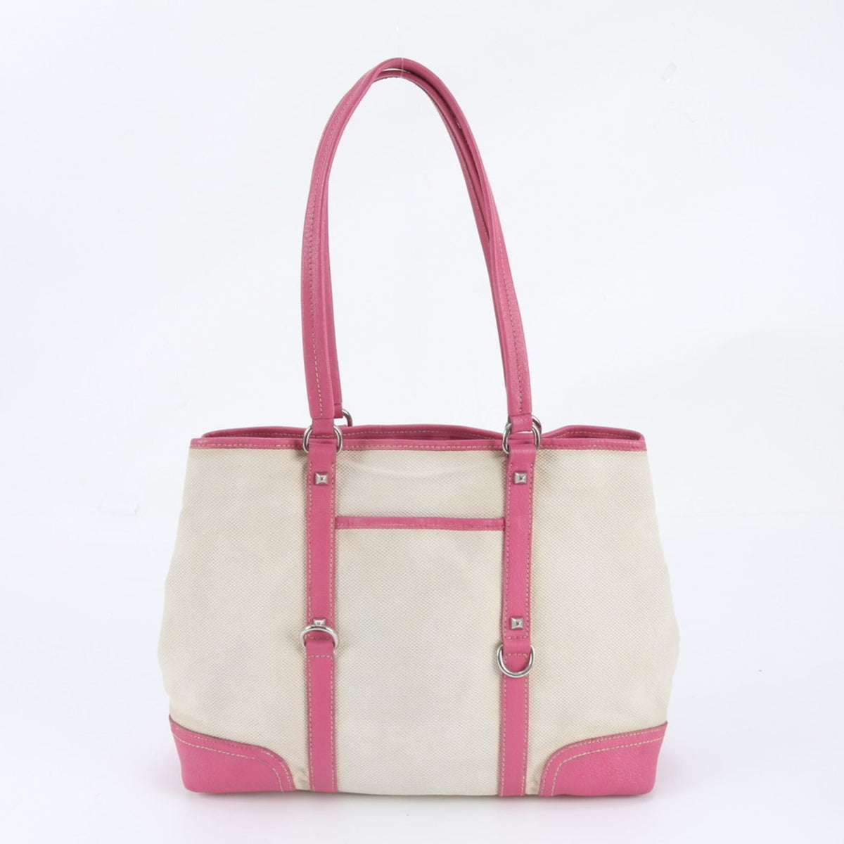 Prada Pink White Leather Canvas Shoulder Bag Tote Bag (Pre-Owned)