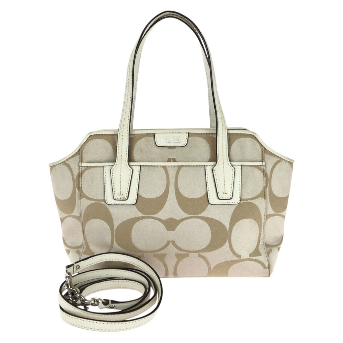 Coach Beige White Canvas Leather Shoulder Bag Tote Bag (Pre-Owned)