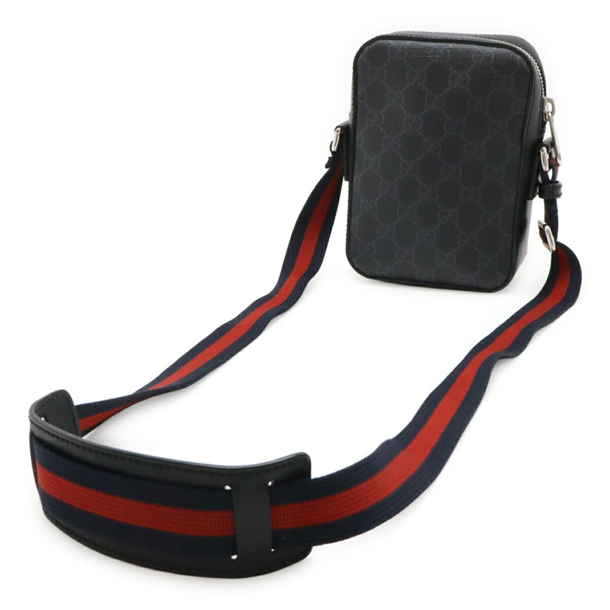 Gucci Black Dark Gray Navy Red Color Gg Supreme Canvas Pvc Coated Canvas Leather Messenger Bag Pochette Shoulder Bag (Pre-Owned)