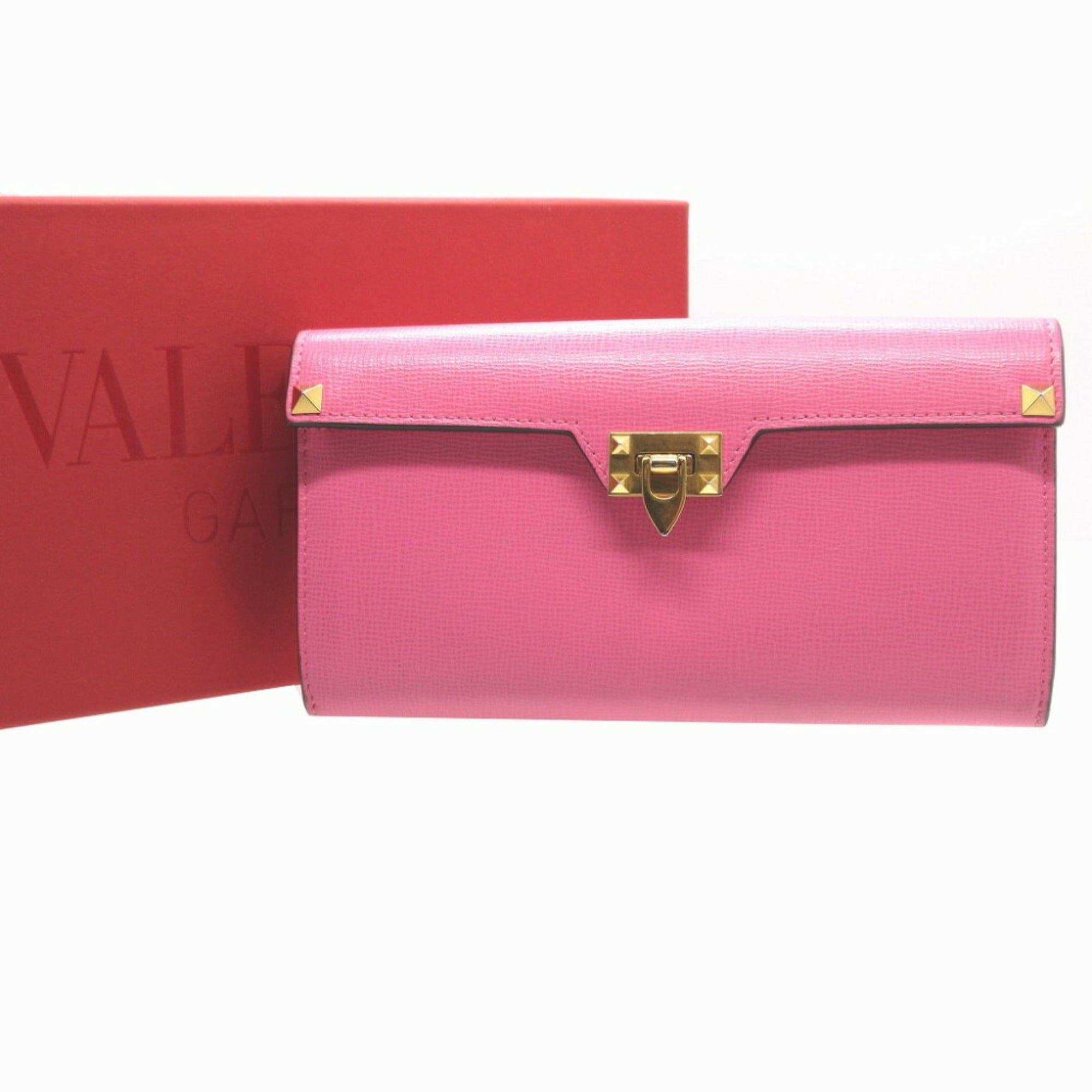 Valentino Pink Red Color Leather Long Wallet (Bi-Fold) (Pre-Owned)
