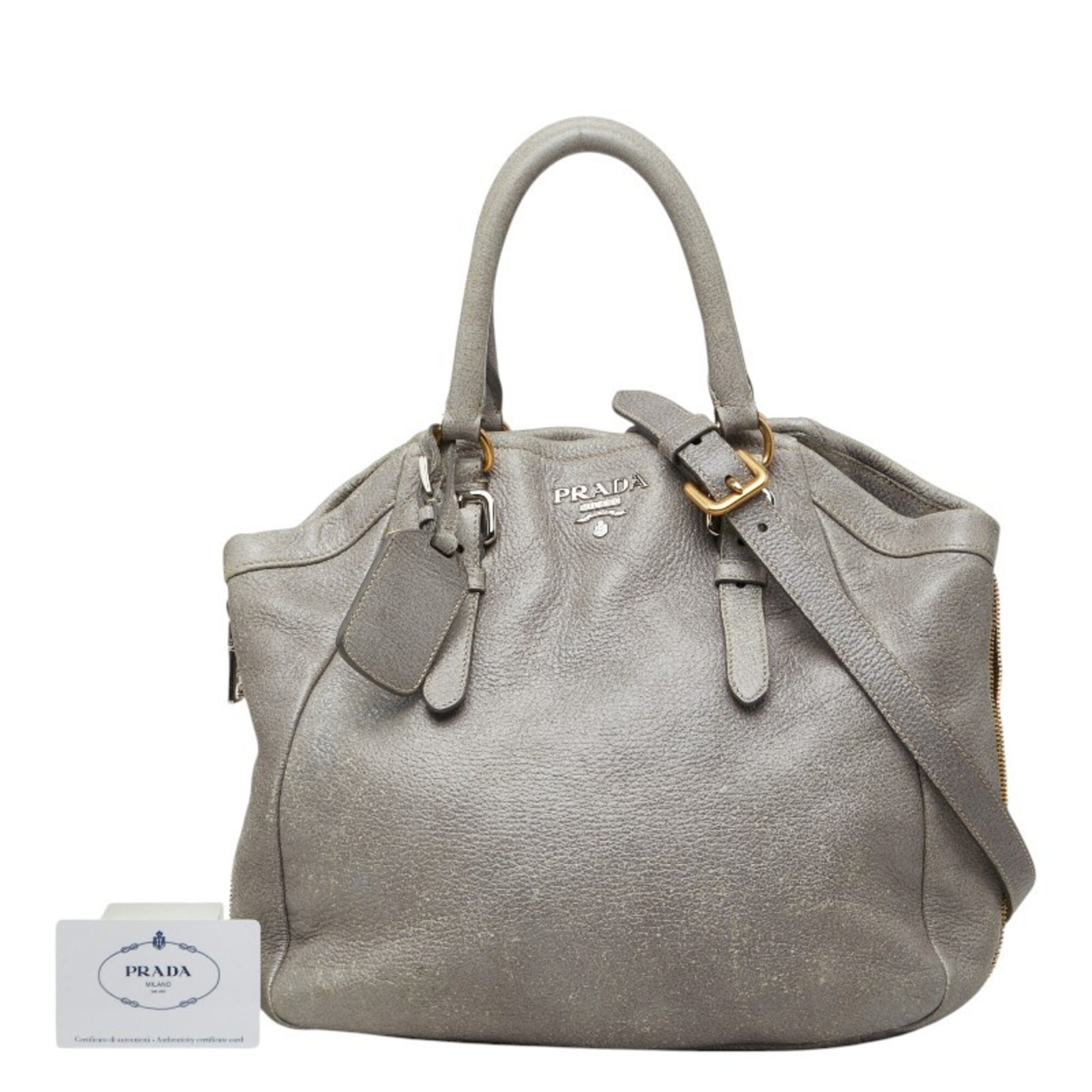 Prada Silver Gray Leather Shoulder Bag Tote Bag (Pre-Owned)
