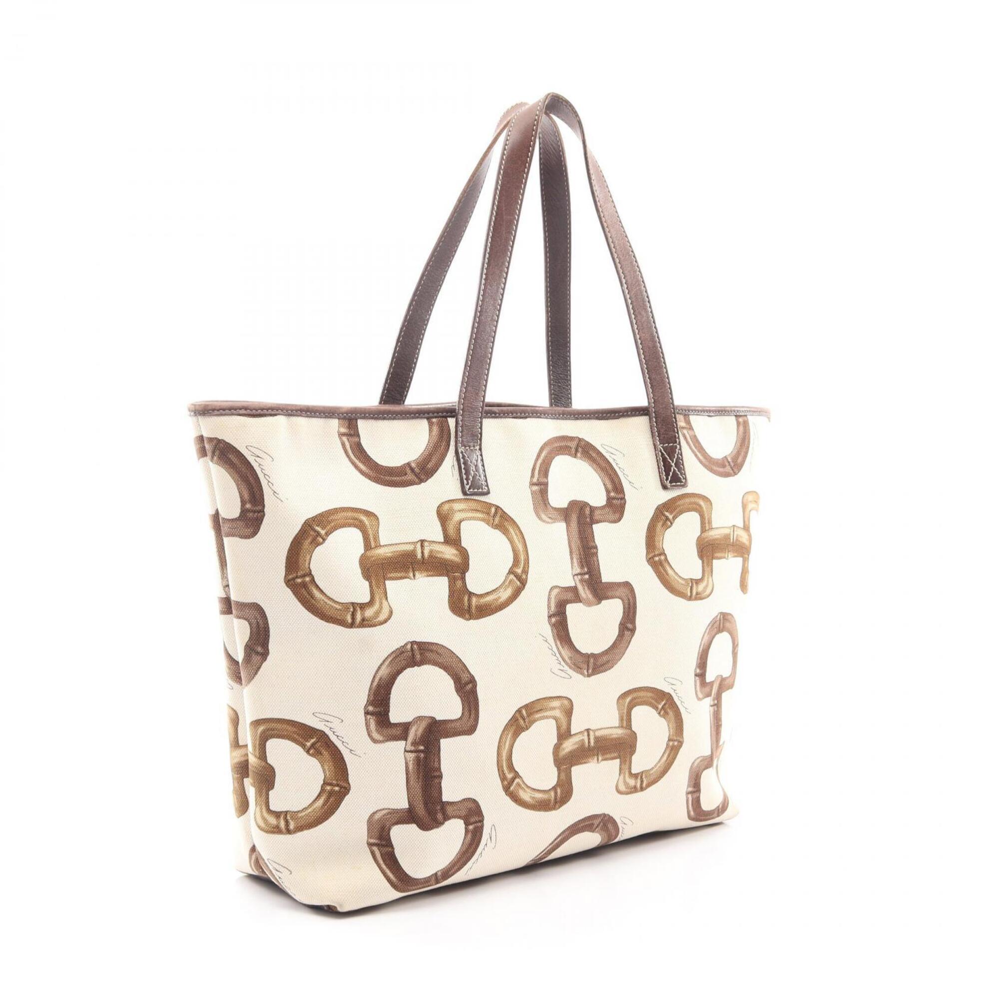 Gucci Brown White Canvas Leather Handbag Tote Bag (Pre-Owned)