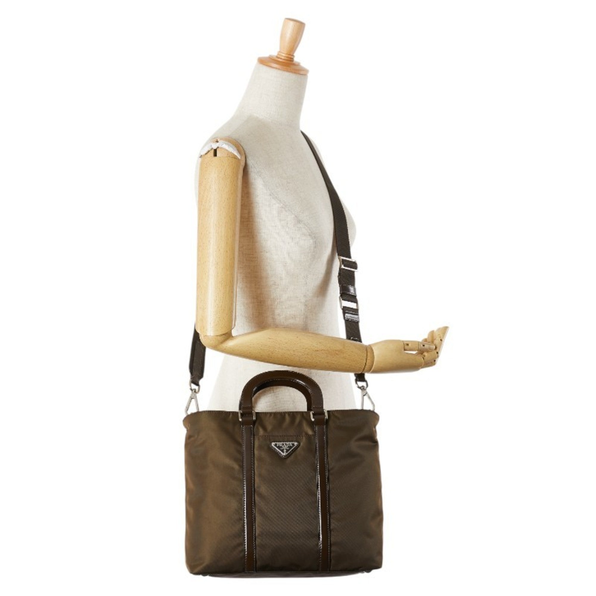 Prada Brown Khaki Nylon Leather Handbag Shoulder Bag (Pre-Owned)