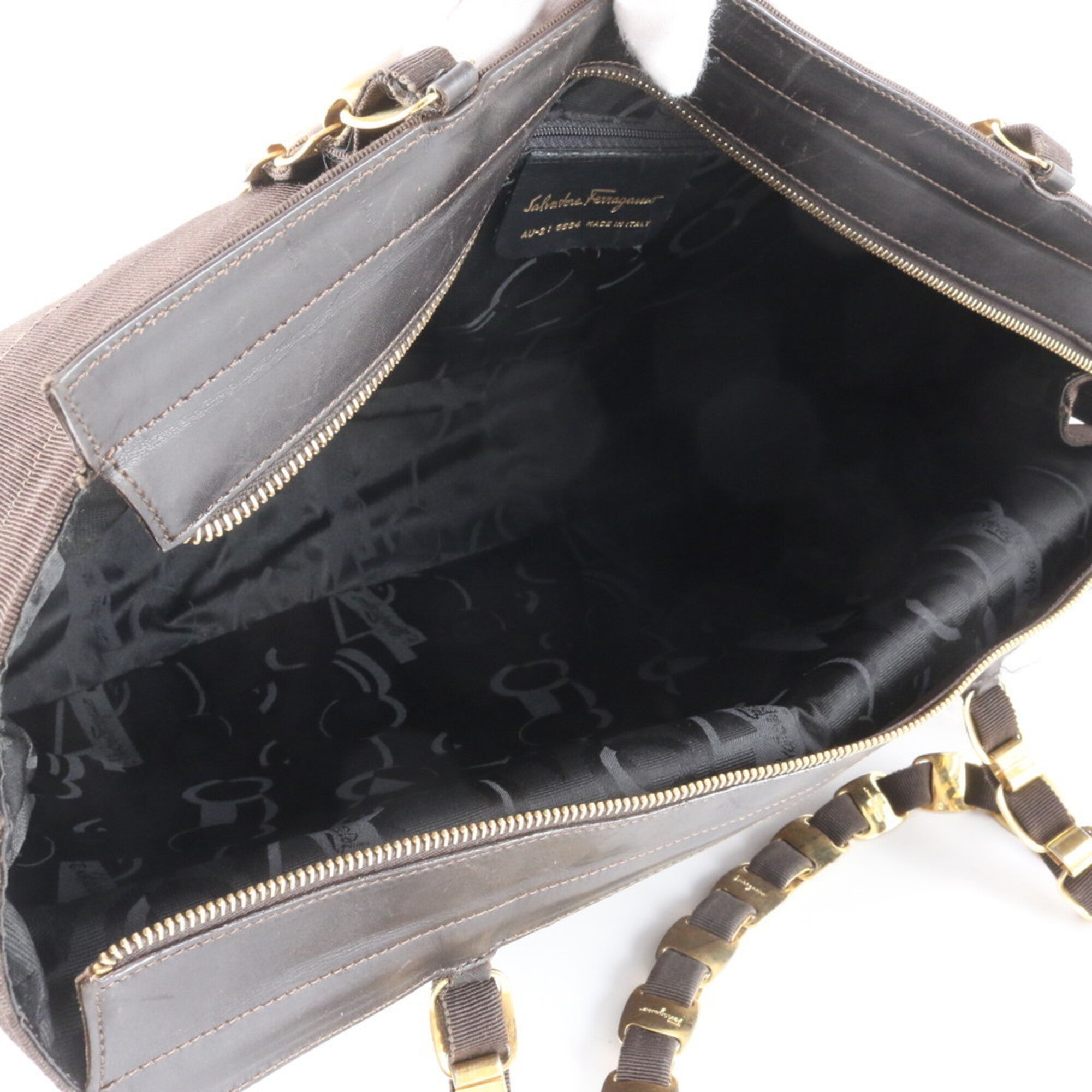 Salvatore Ferragamo Brown Dark Brown Leather Canvas Handbag Tote Bag (Pre-Owned)