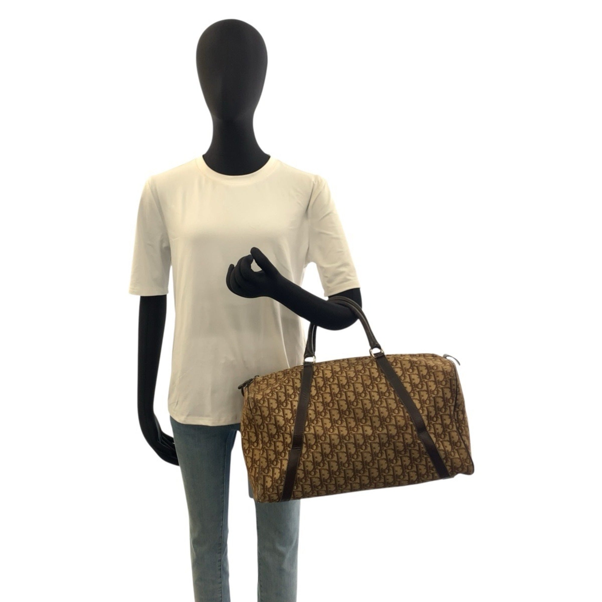 Christian Dior Beige Brown Canvas Leather Boston Bag Handbag (Pre-Owned)
