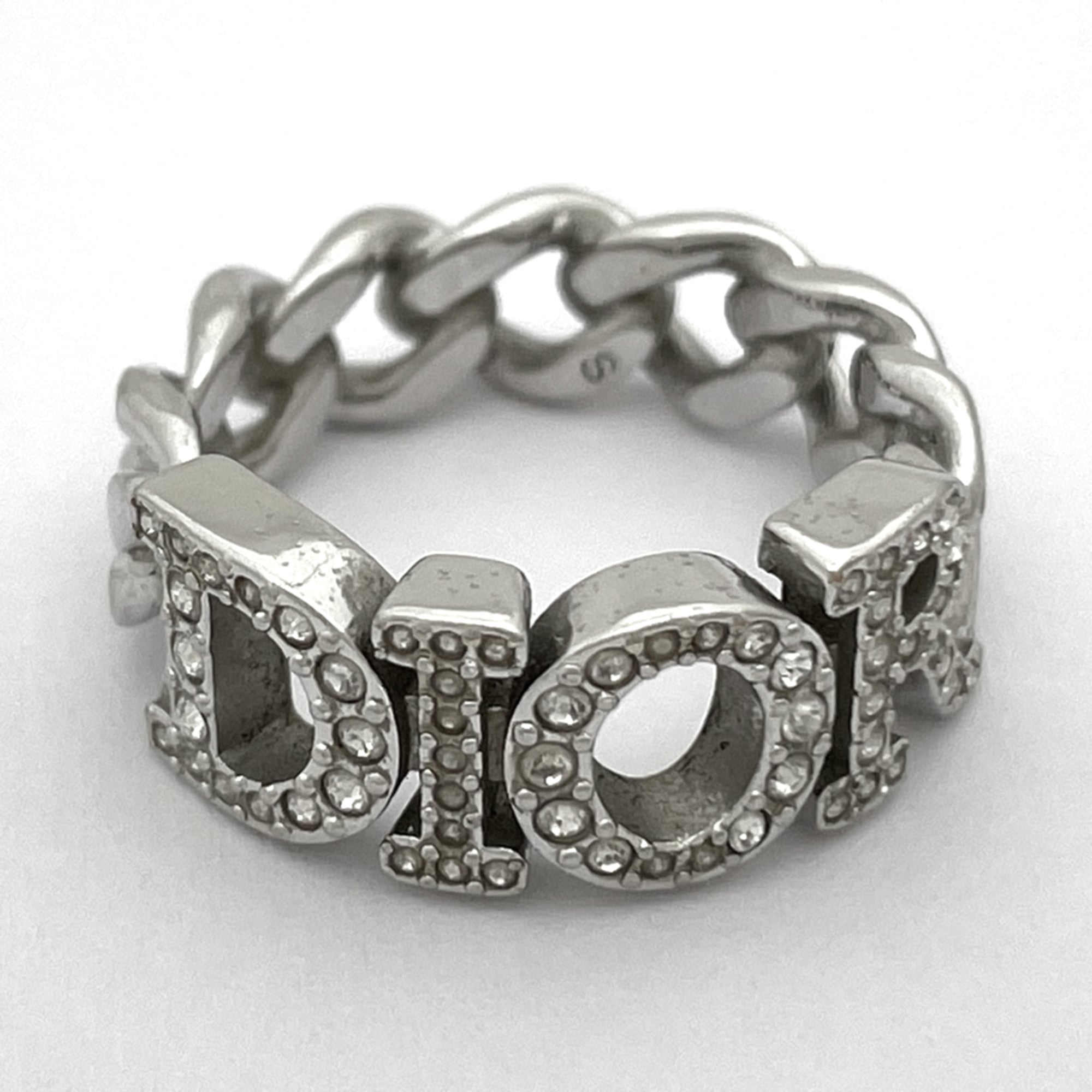Christian Dior Silver Gold Plating Rhinestone Silver Band Ring (Pre-Owned)